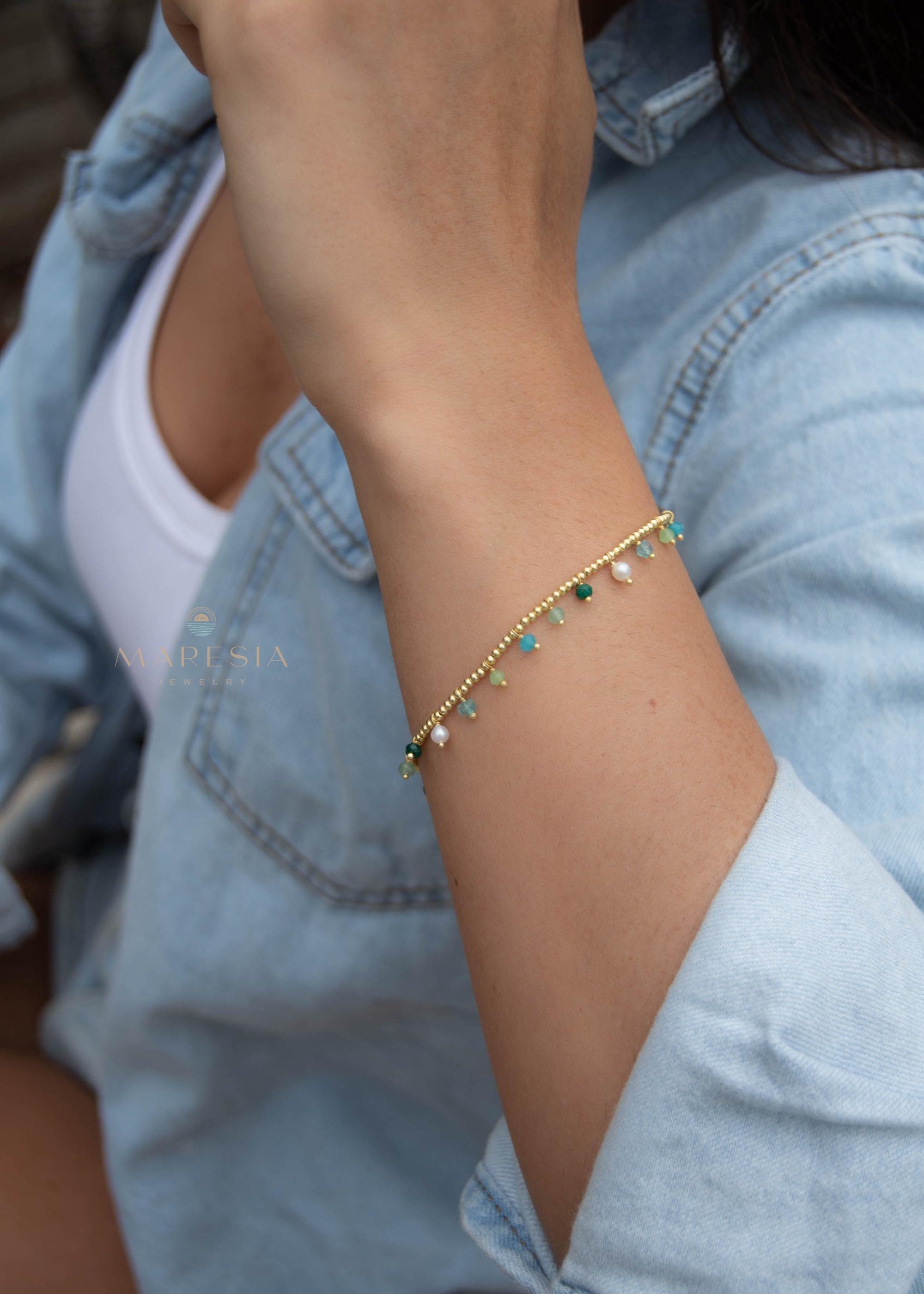 Light Green Jade, Emerald Jade, Pearl, Apatite jade, Prehnite jade & Neon apatite Bracelet ~ Gold Plated 18k Bohemian ~Stackable MB079