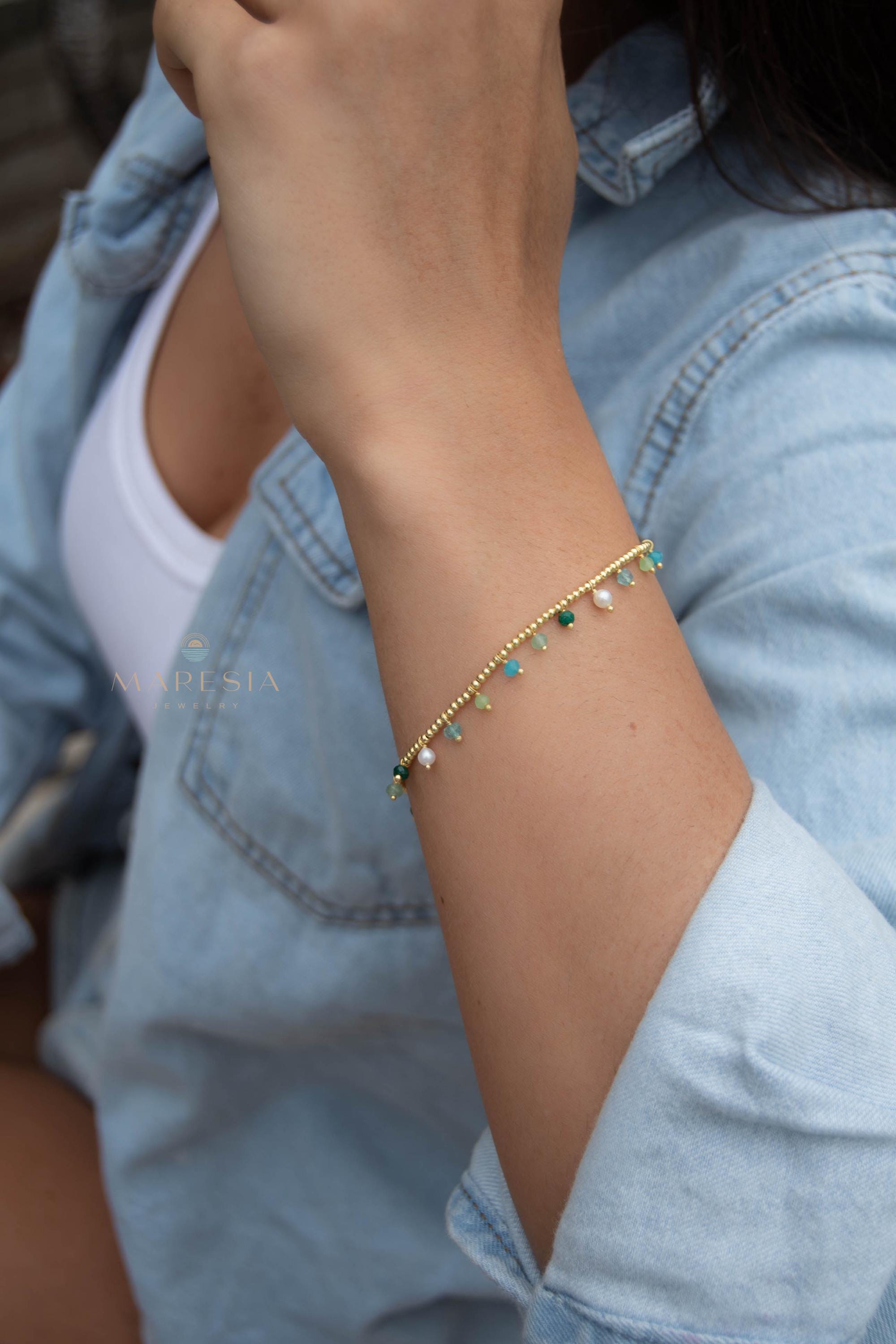 Light Green Jade, Emerald Jade, Pearl, Apatite jade, Prehnite jade & Neon apatite Bracelet ~ Gold Plated 18k Bohemian ~Stackable MB079