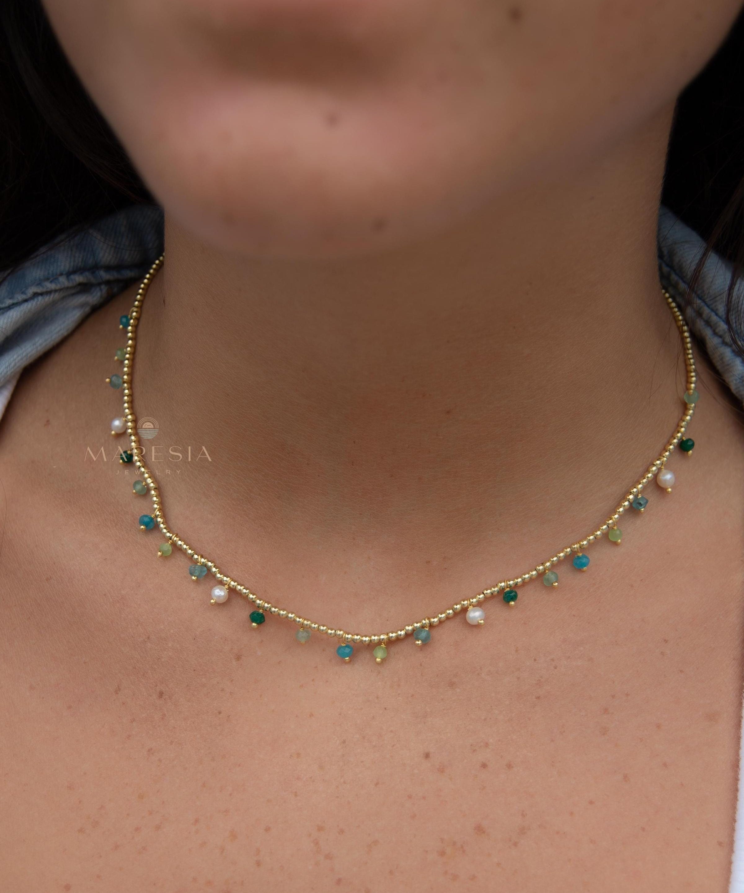 Light Green Jade, Emerald Jade, Pearl, Apatite jade, Prehnite jade & Neon apatite Necklace ~ Gold Plated 18k Bohemian ~Stackable MN198