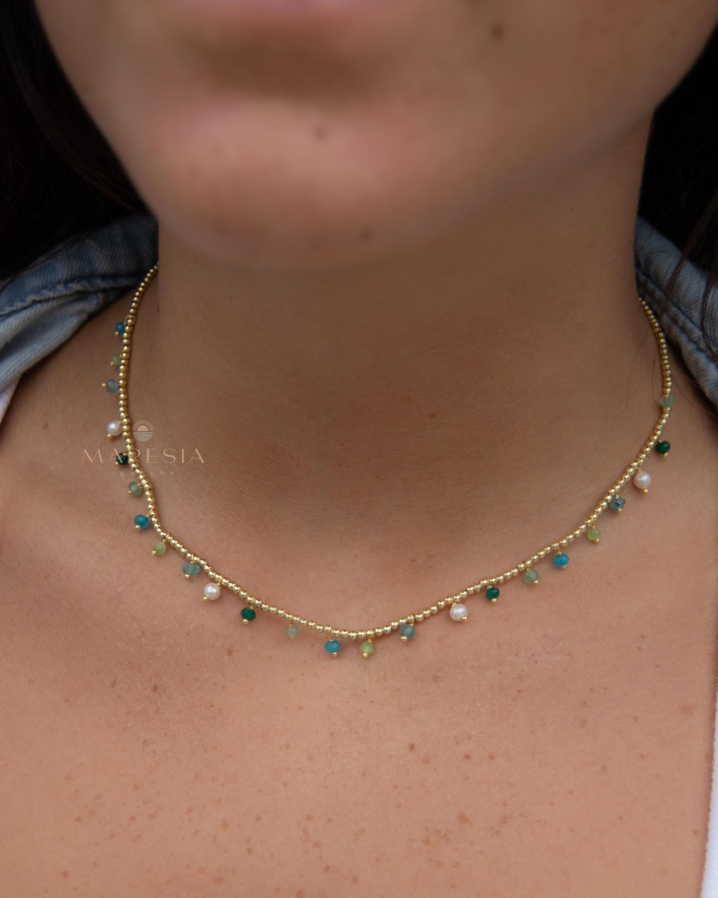 Light Green Jade, Emerald Jade, Pearl, Apatite jade, Prehnite jade & Neon apatite Necklace ~ Gold Plated 18k Bohemian ~Stackable MN198