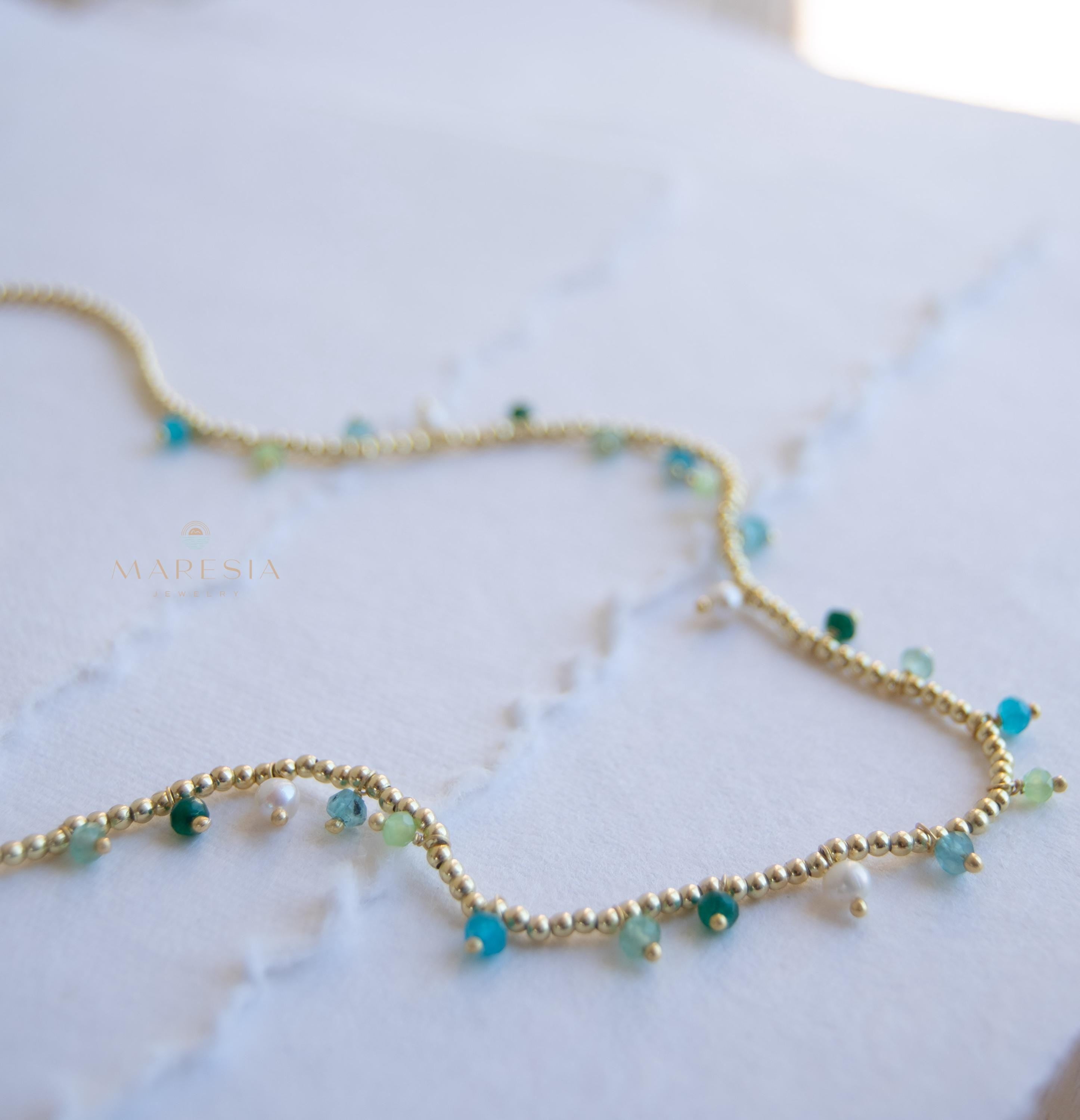 Light Green Jade, Emerald Jade, Pearl, Apatite jade, Prehnite jade & Neon apatite Necklace ~ Gold Plated 18k Bohemian ~Stackable MN198