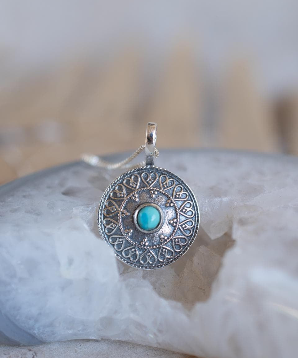 Turquoise Pendant ~Mandala ~ Sterling Silver or Gold Plated over Sterling Silver ~ Delicate ~ Bohemian ~ Charm ~ MN144A