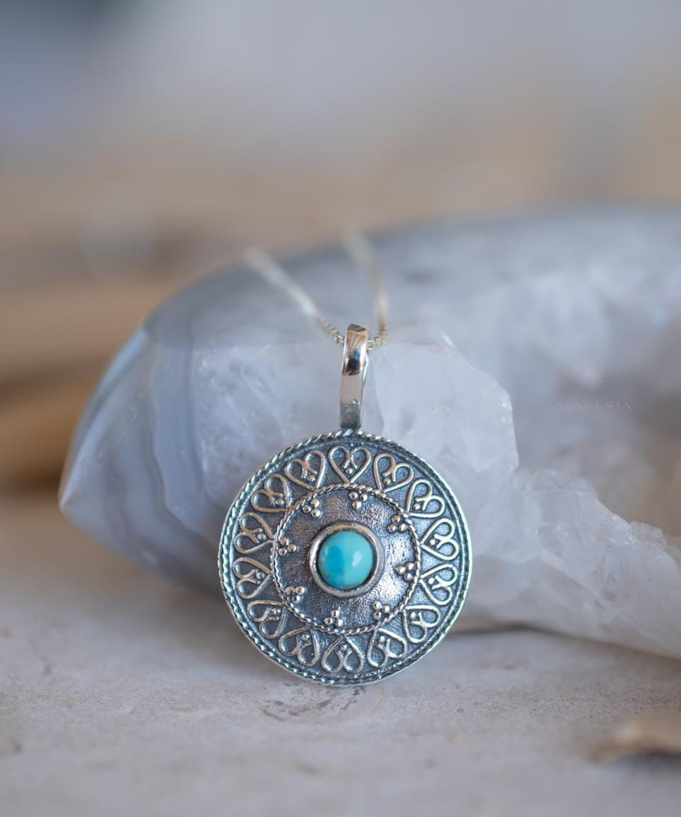 Turquoise Pendant ~Mandala ~ Sterling Silver or Gold Plated over Sterling Silver ~ Delicate ~ Bohemian ~ Charm ~ MN144A