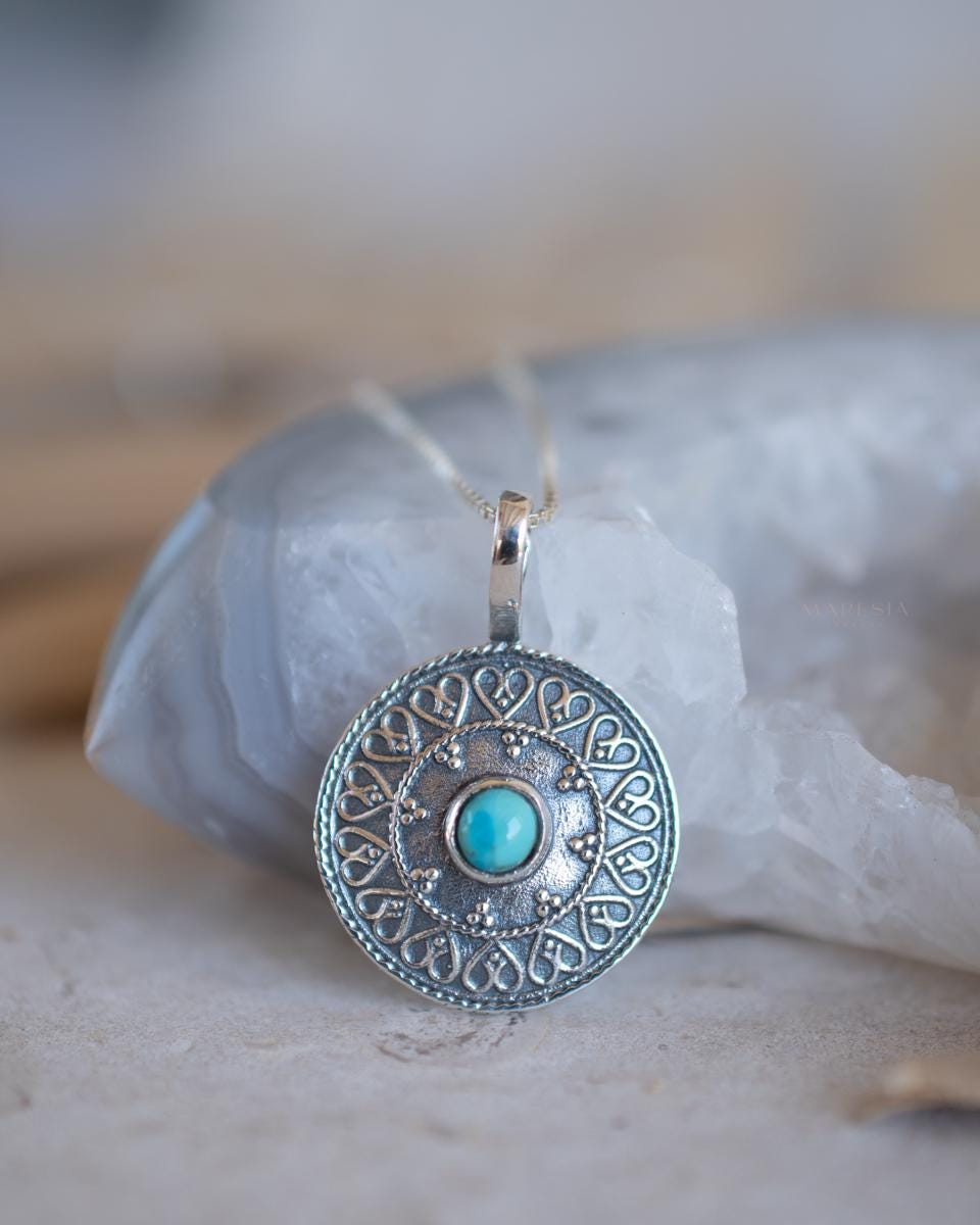 Turquoise Pendant ~Mandala ~ Sterling Silver or Gold Plated over Sterling Silver ~ Delicate ~ Bohemian ~ Charm ~ MN144A
