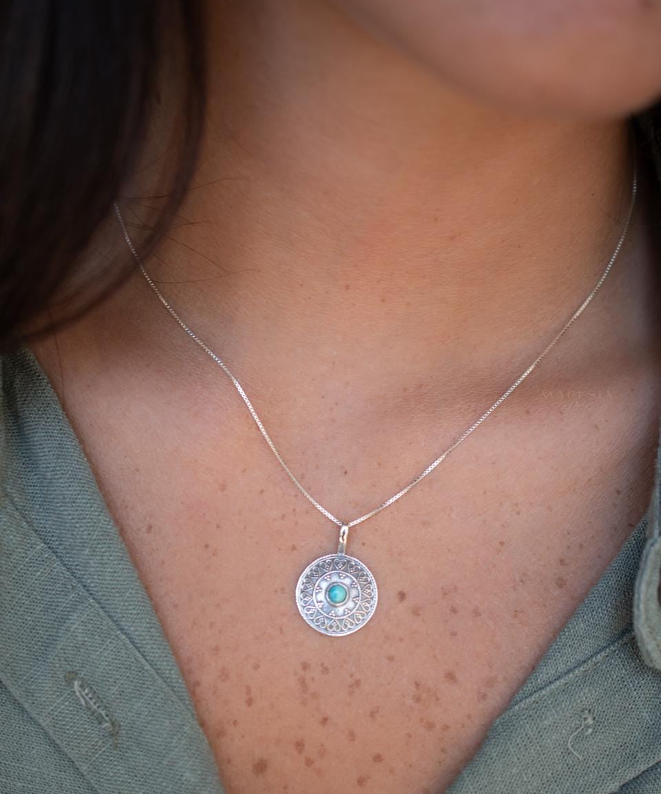 Turquoise Pendant ~Mandala ~ Sterling Silver or Gold Plated over Sterling Silver ~ Delicate ~ Bohemian ~ Charm ~ MN144A