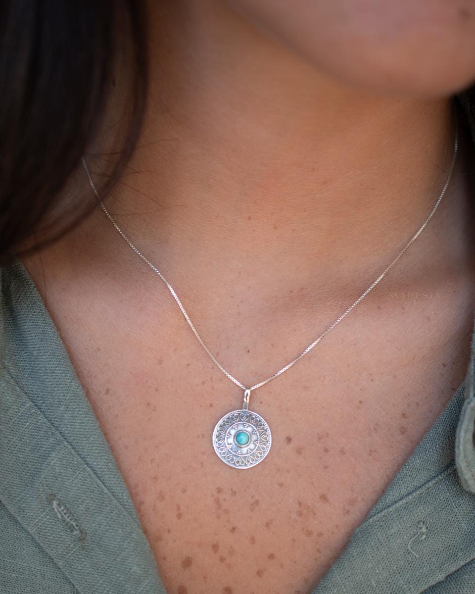 Turquoise Pendant ~Mandala ~ Sterling Silver or Gold Plated over Sterling Silver ~ Delicate ~ Bohemian ~ Charm ~ MN144A