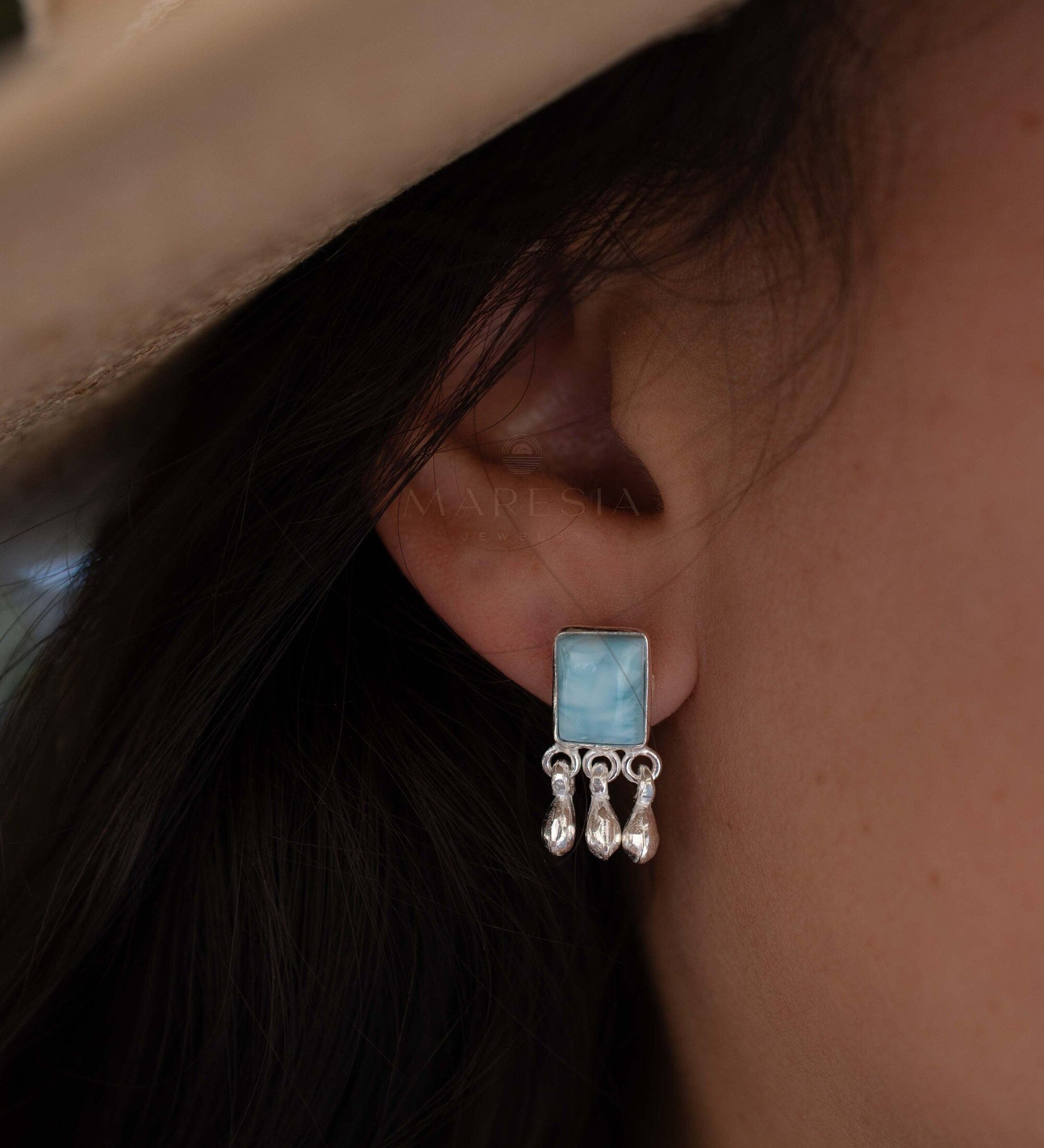 Delicate Larimar Earrings ~ Gemstone ~ Post ~ Stud ~ Sterling Silver 925 or Gold plated over Sterling silver ~ Jewelry ~ ME227