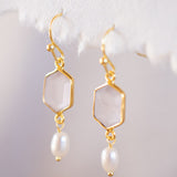 Dridri Earrings ~ Rose Quartz & Fresh Water Pearl ~ Gold Plated ~ ME089