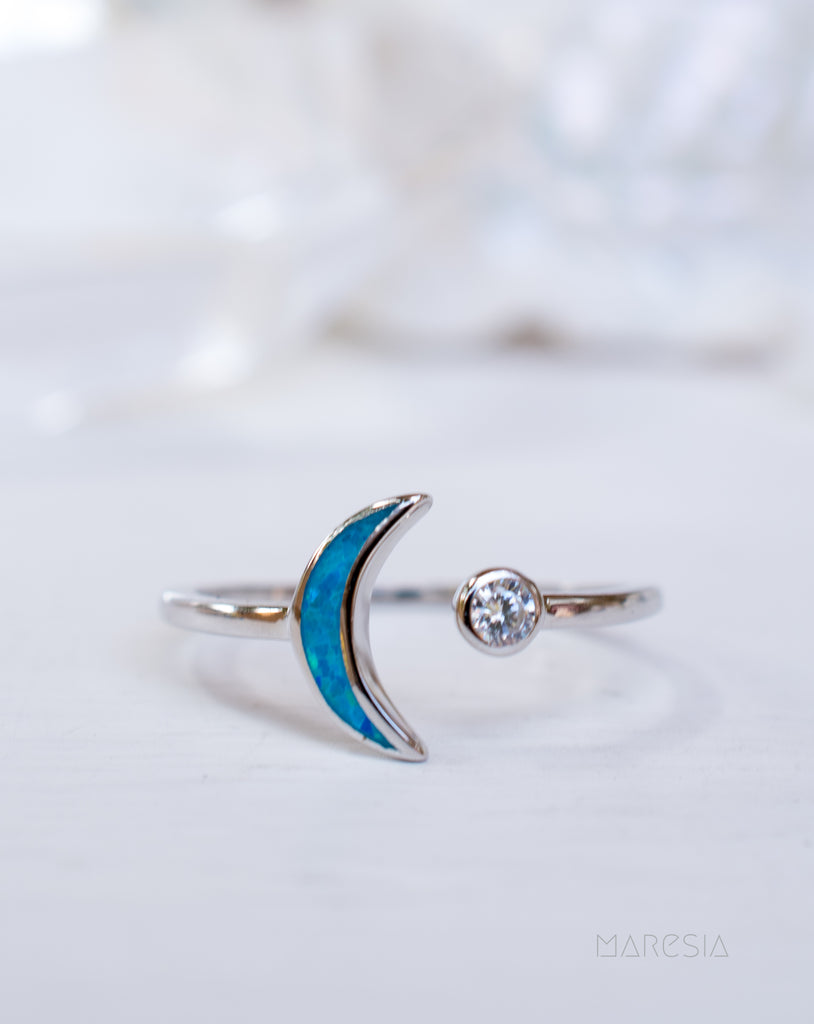 Half Moon & Star Blue Opal Ring ~Sterling Silver 925~ SMR048