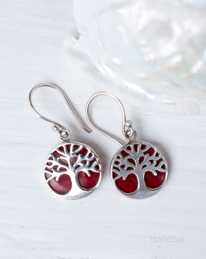 Tree of Life Coral Earrings ~ Sterling Silver 925 ~ SME069