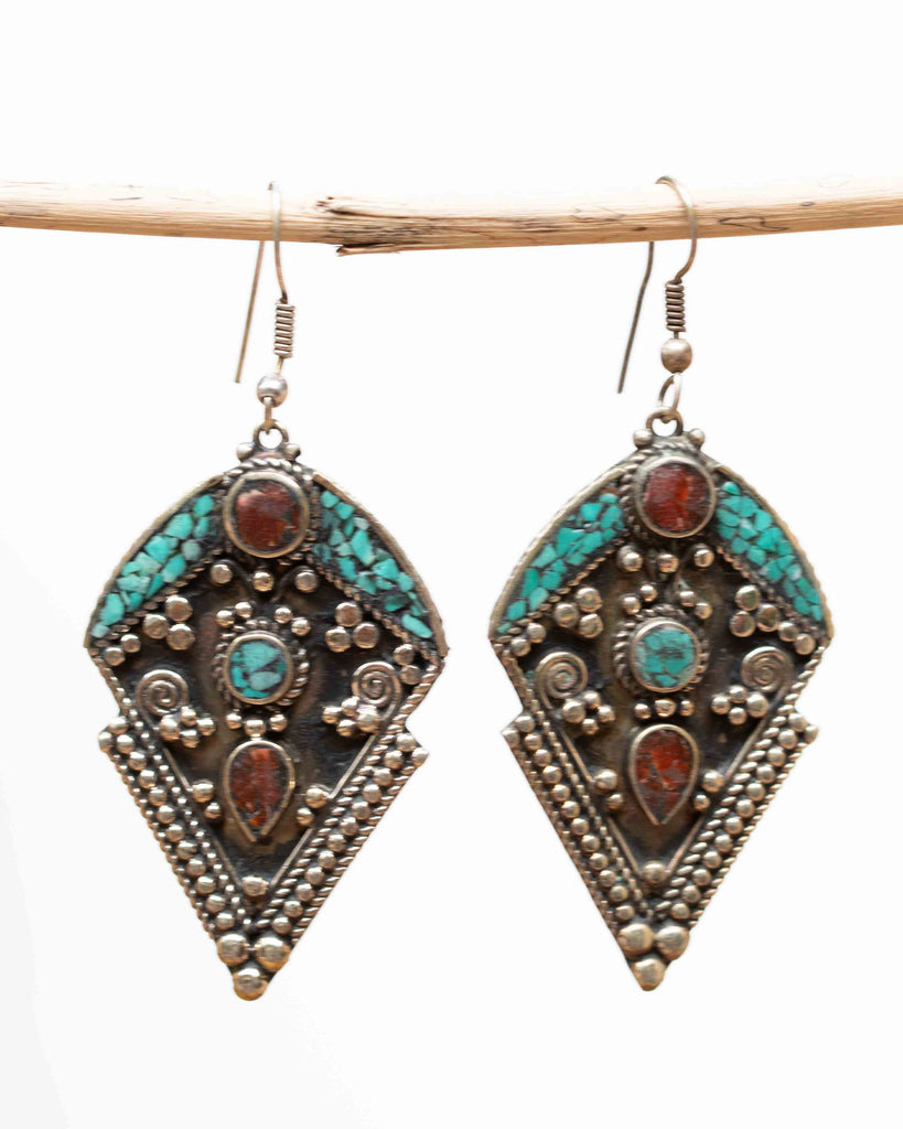 Anne Turquoise Tibetan Earrings ~ German Silver ~ SME045
