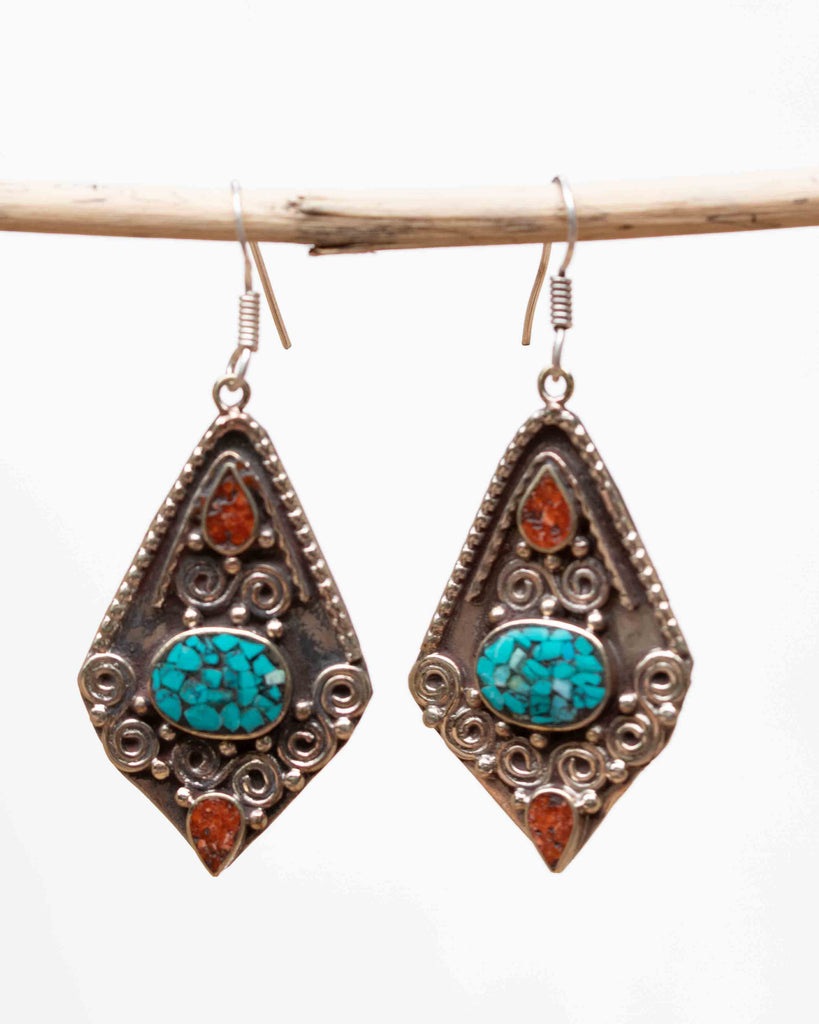 Amanda Turquoise Tibetan Earrings ~ German Silver ~ SME051