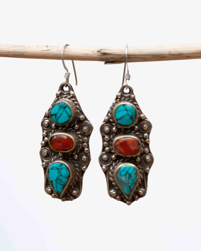 Dallas Turquoise Tibetan Earrings ~German Silver ~ SME024