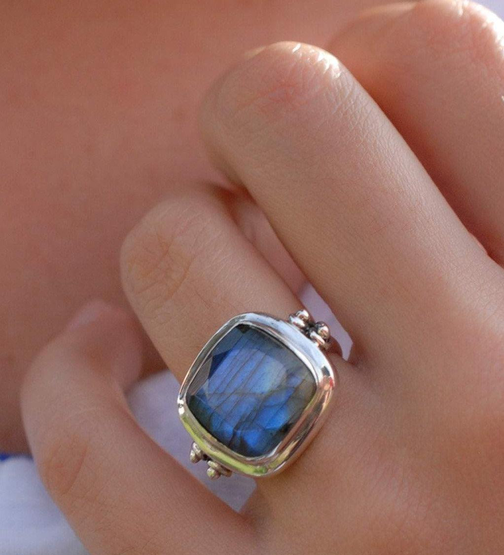 Alice Rainbow Labradorite  Square Ring ~Sterling Silver 925 ~ MR111 - Maresia Jewelry