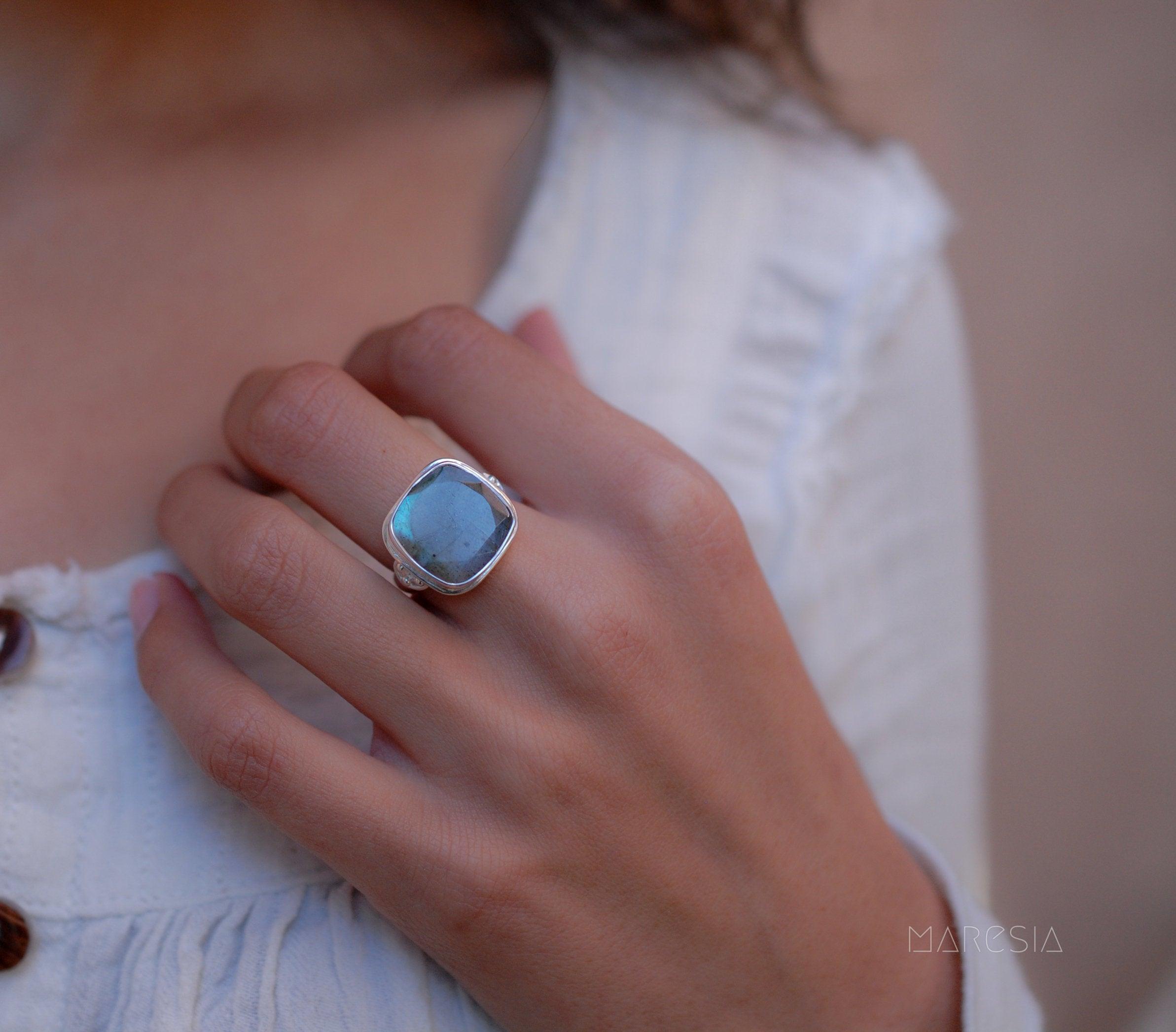 Alice Rainbow Labradorite  Square Ring ~Sterling Silver 925 ~ MR111 - Maresia Jewelry