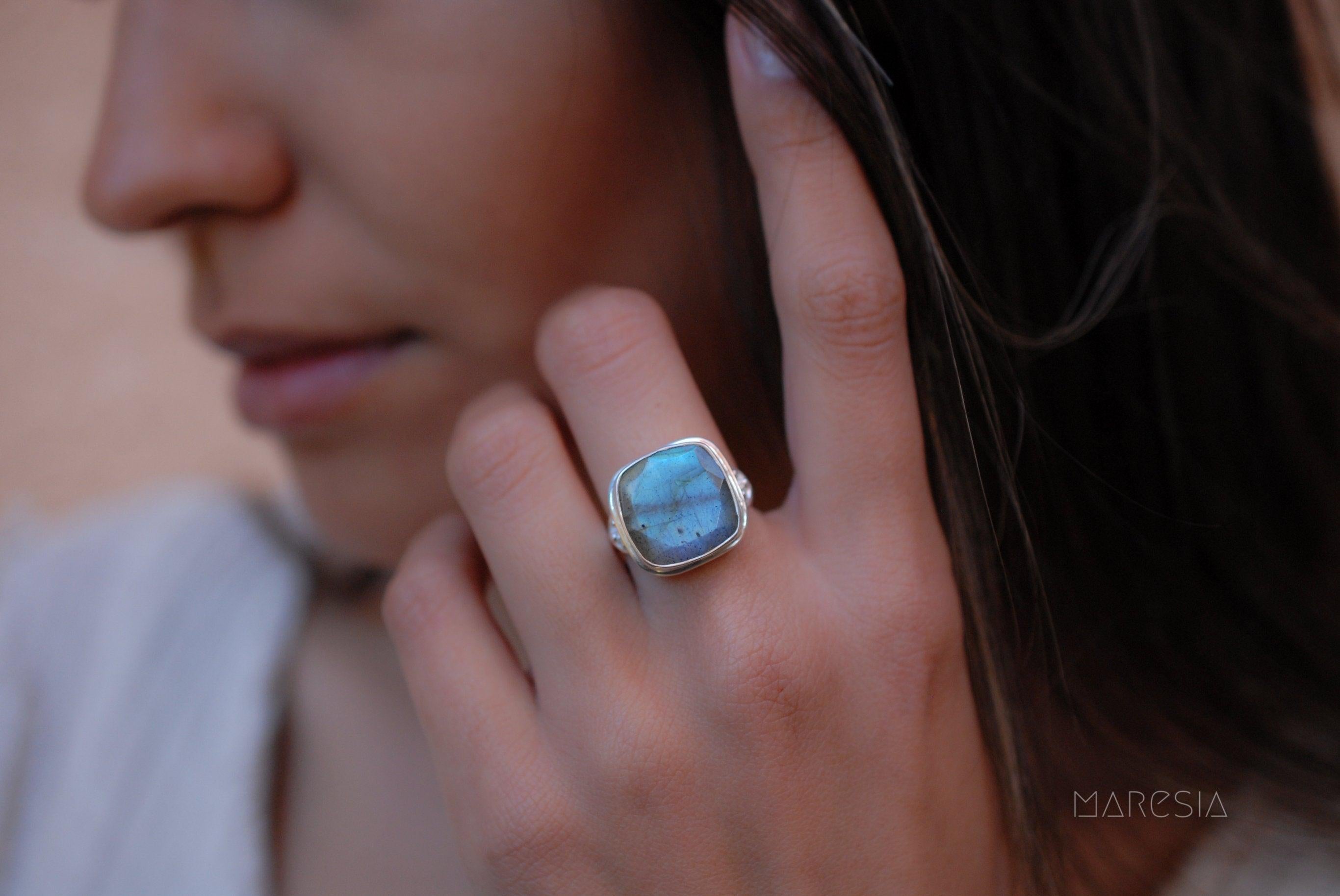 Alice Rainbow Labradorite  Square Ring ~Sterling Silver 925 ~ MR111 - Maresia Jewelry