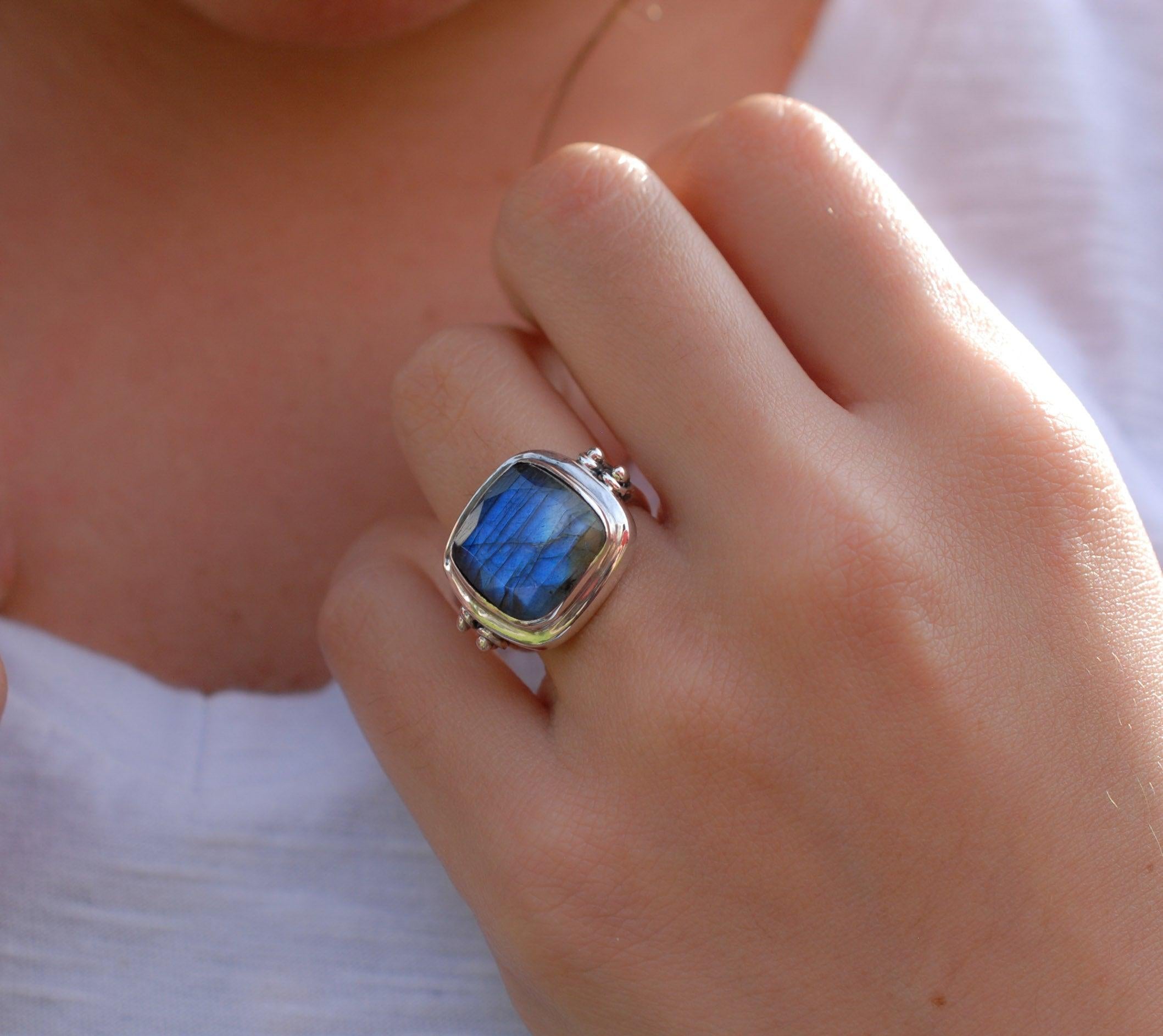 Alice Rainbow Labradorite  Square Ring ~Sterling Silver 925 ~ MR111 - Maresia Jewelry