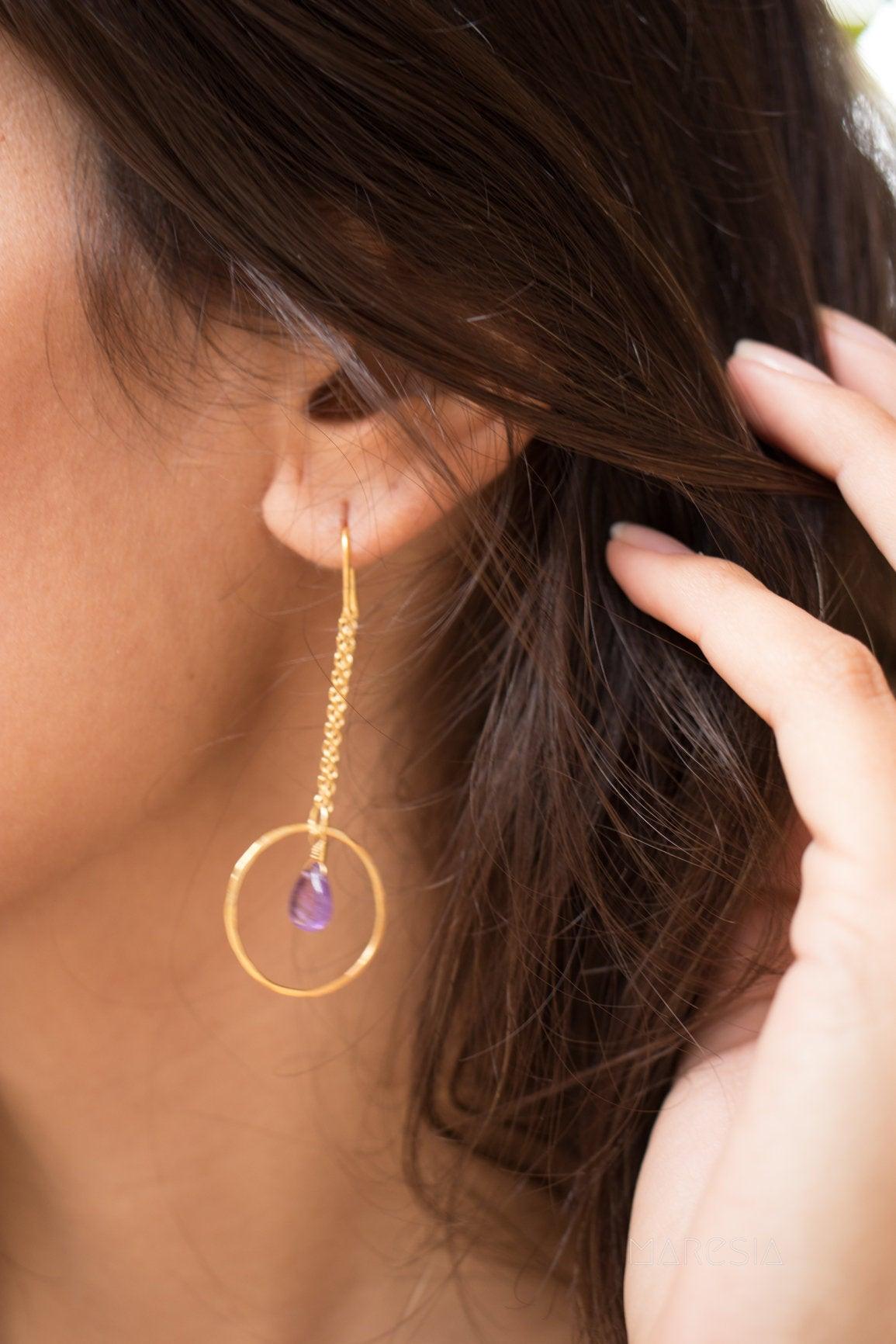 Amethyst Threader Earrings ~ Sterling Silver or Gold Vermeil ~ ME079 - Maresia Jewelry