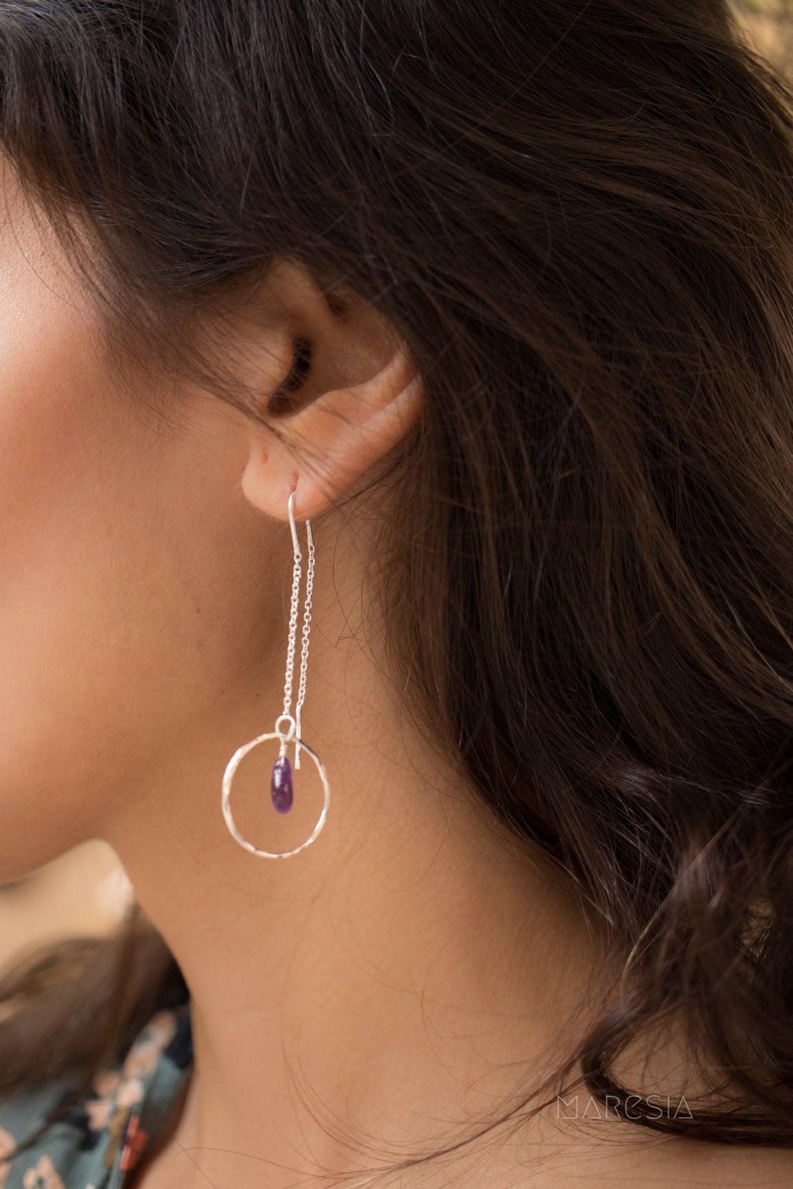 Amethyst Threader Earrings ~ Sterling Silver or Gold Vermeil ~ ME079 - Maresia Jewelry
