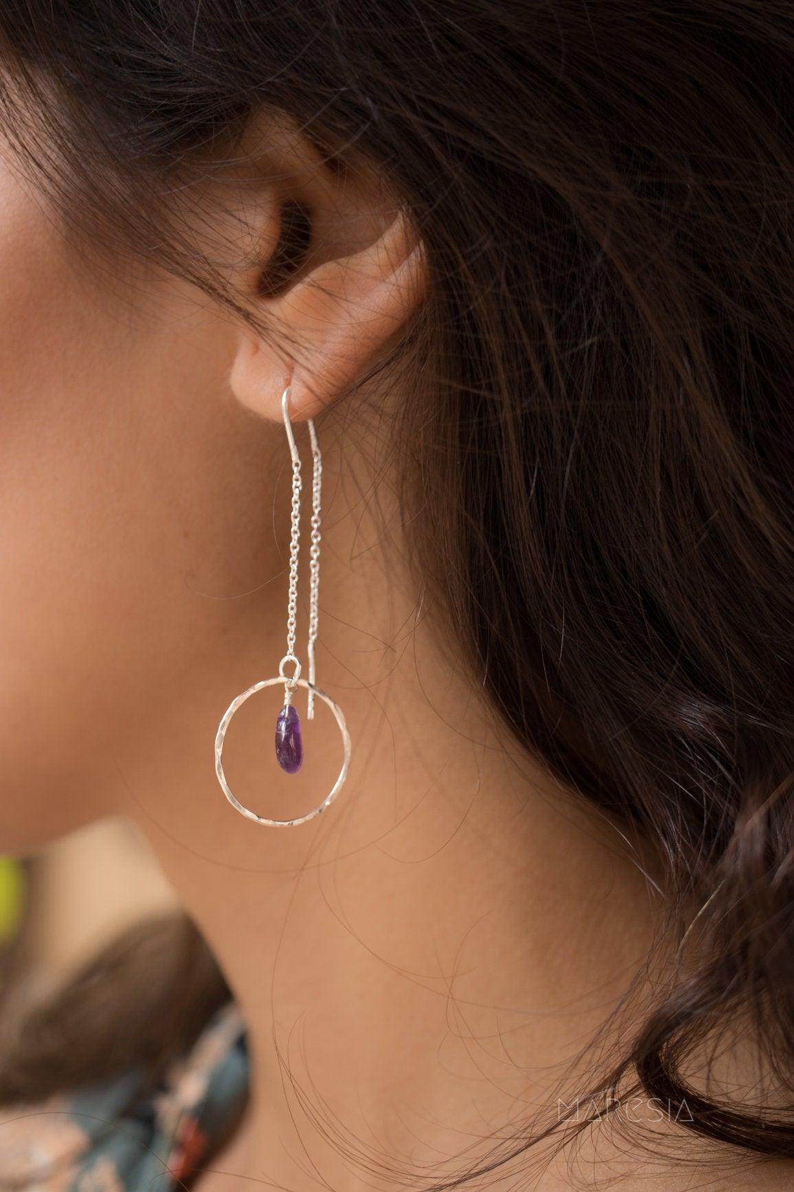 Amethyst Threader Earrings ~ Sterling Silver or Gold Vermeil ~ ME079 - Maresia Jewelry
