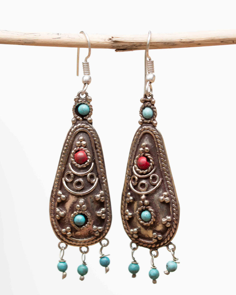 Ananda Turquoise Tibetan Earrings ~ German Silver ~ SME050 - Maresia Jewelry