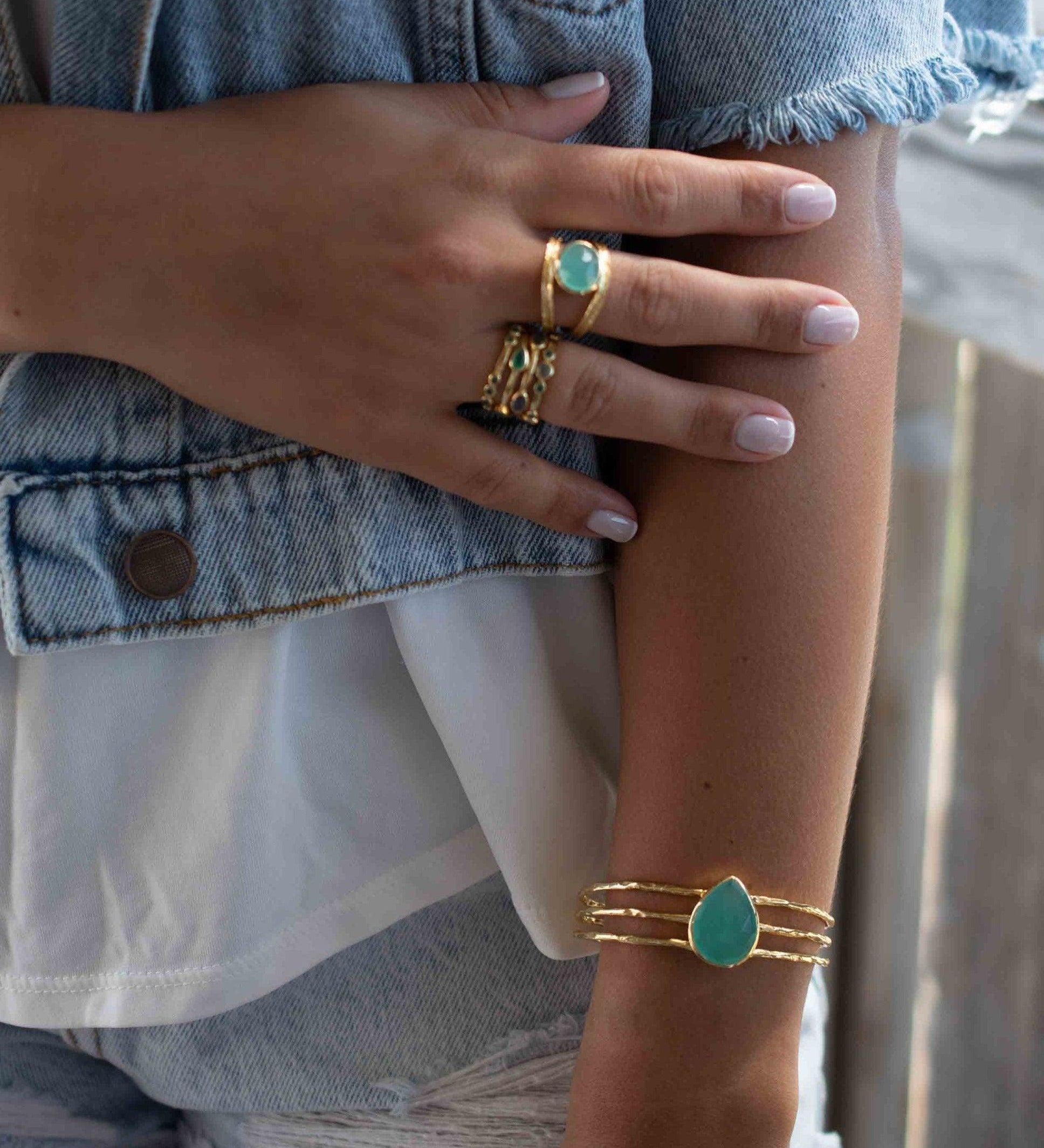 Aqua Chalcedony Adjustable Bracelet ~ Gold Plated 18k ~ Handmade ~Statement  Hippie ~Bohemian ~Jewelry ~Gift For Her ~Gemstone ~Body MB043