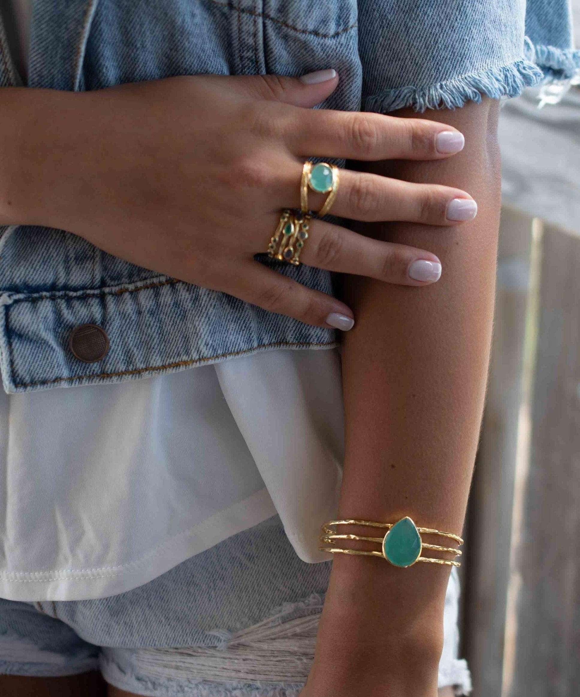 Aqua Chalcedony Adjustable Bracelet ~ Gold Plated 18k ~ Handmade ~Statement  Hippie ~Bohemian ~Jewelry ~Gift For Her ~Gemstone ~Body MB043