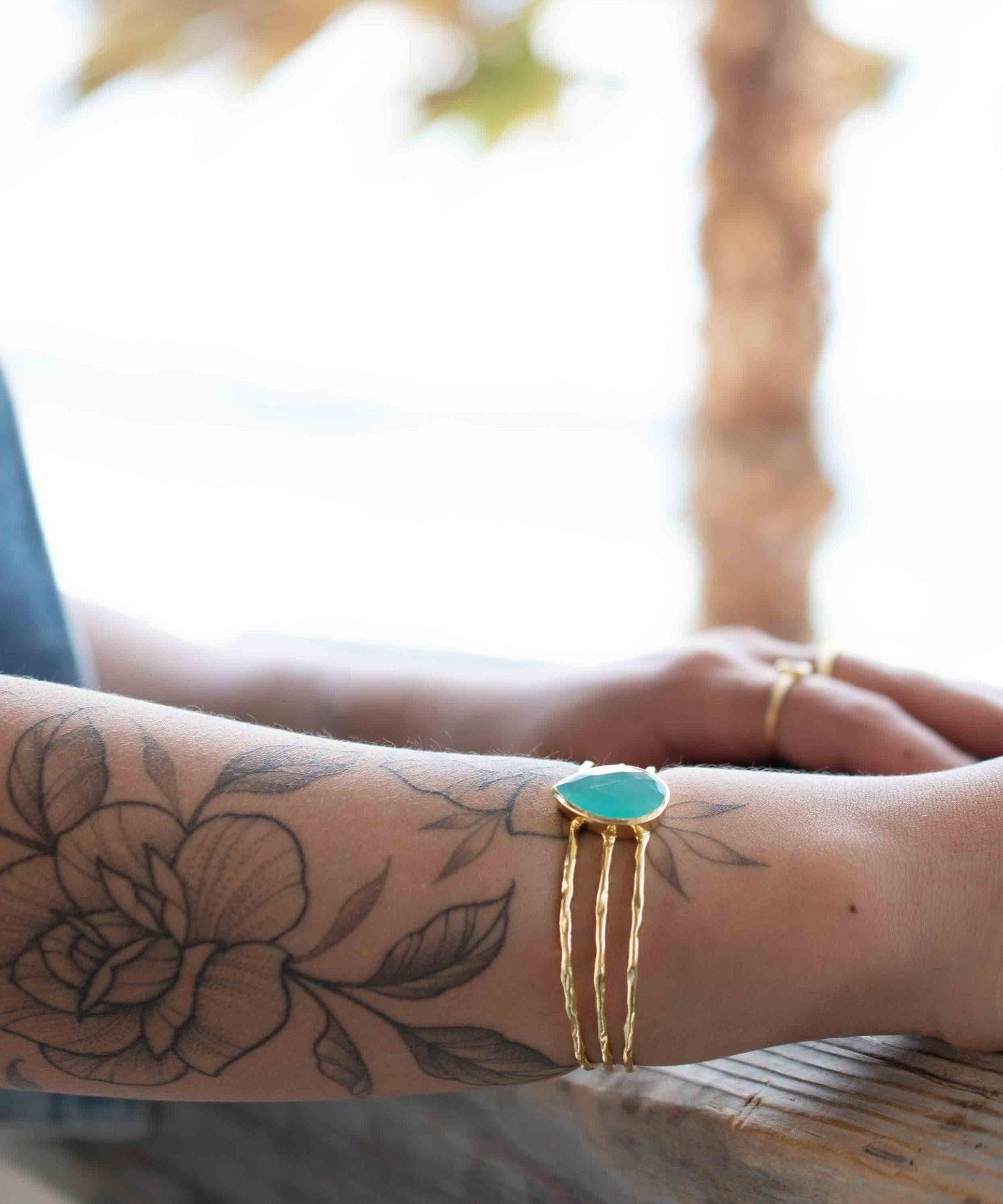 Aqua Chalcedony Adjustable Bracelet ~ Gold Plated 18k ~ Handmade ~Statement  Hippie ~Bohemian ~Jewelry ~Gift For Her ~Gemstone ~Body MB043