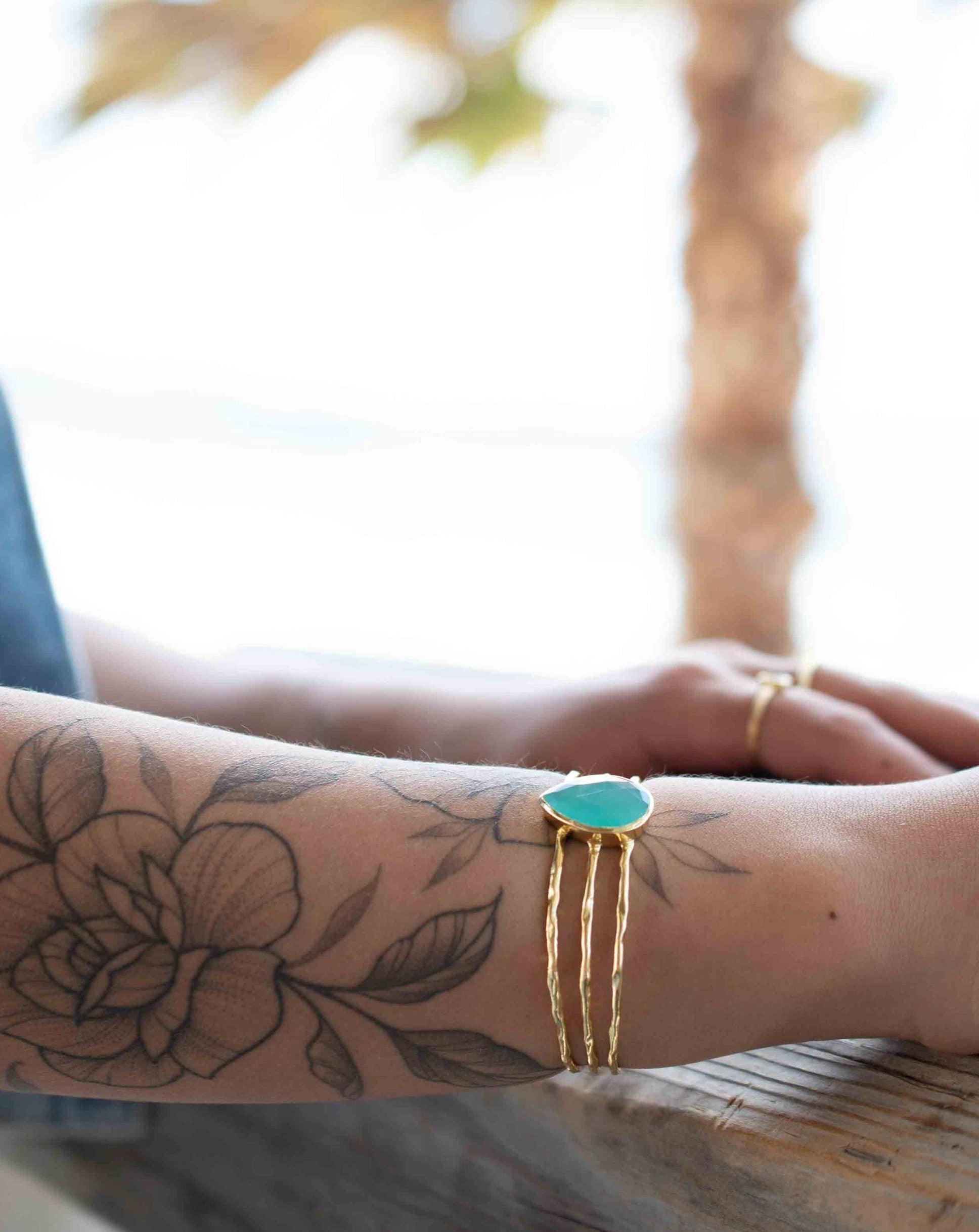 Aqua Chalcedony Adjustable Bracelet ~ Gold Plated 18k ~ Handmade ~Statement  Hippie ~Bohemian ~Jewelry ~Gift For Her ~Gemstone ~Body MB043