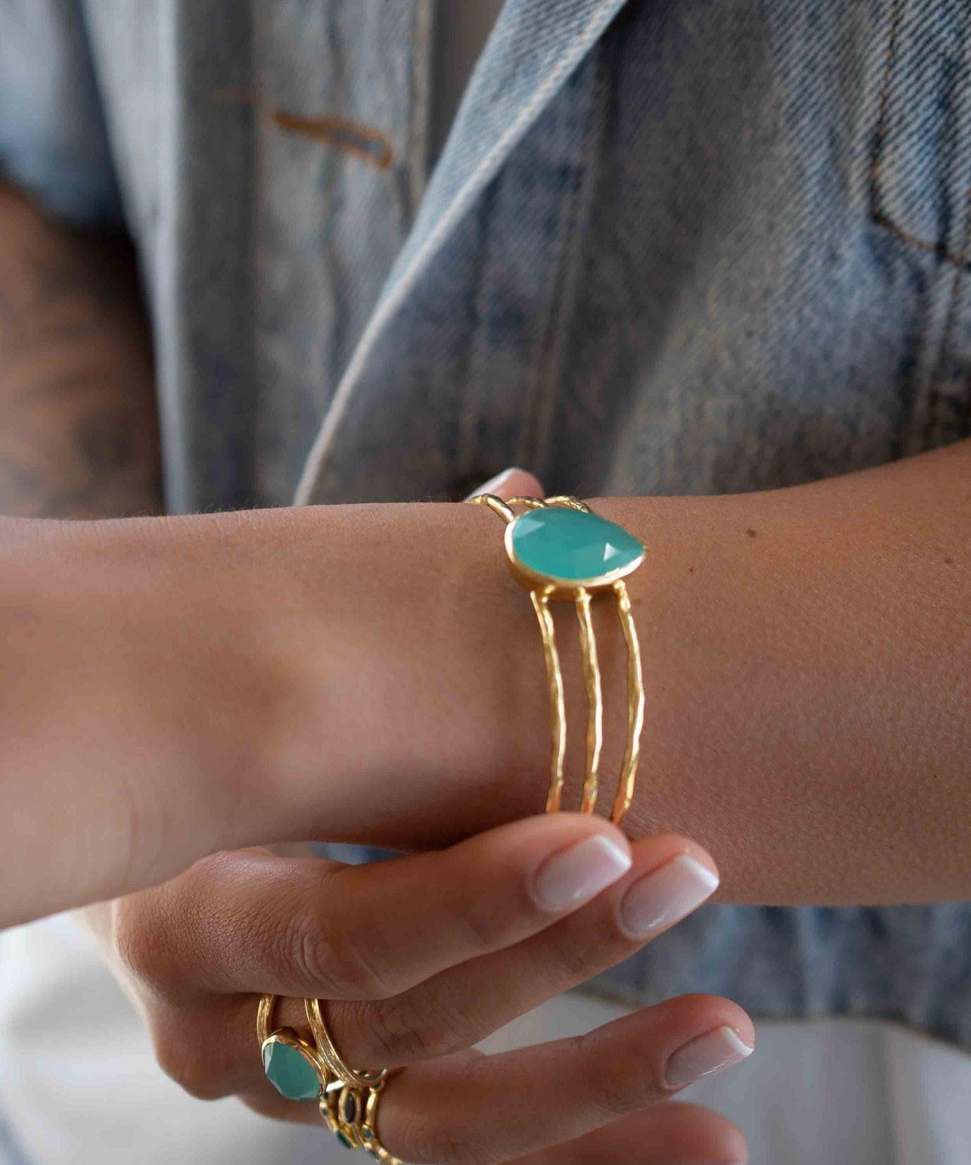 Aqua Chalcedony Adjustable Bracelet ~ Gold Plated 18k ~ Handmade ~Statement  Hippie ~Bohemian ~Jewelry ~Gift For Her ~Gemstone ~Body MB043