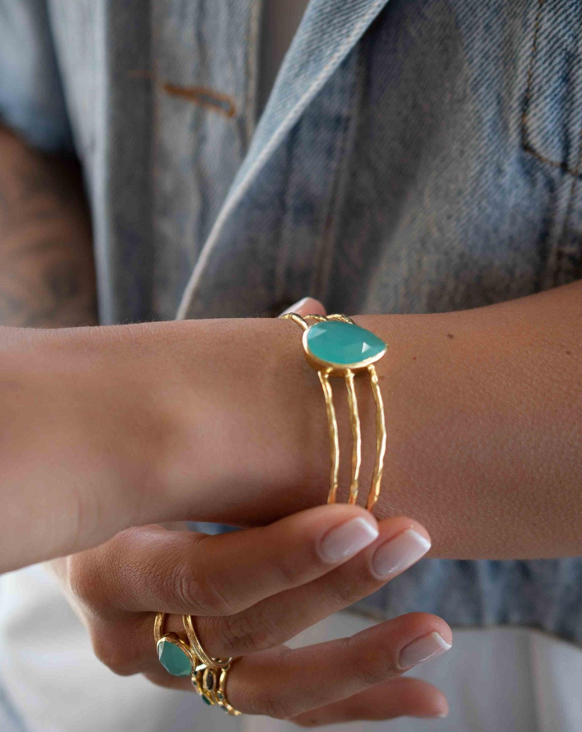 Aqua Chalcedony Adjustable Bracelet ~ Gold Plated 18k ~ Handmade ~Statement  Hippie ~Bohemian ~Jewelry ~Gift For Her ~Gemstone ~Body MB043