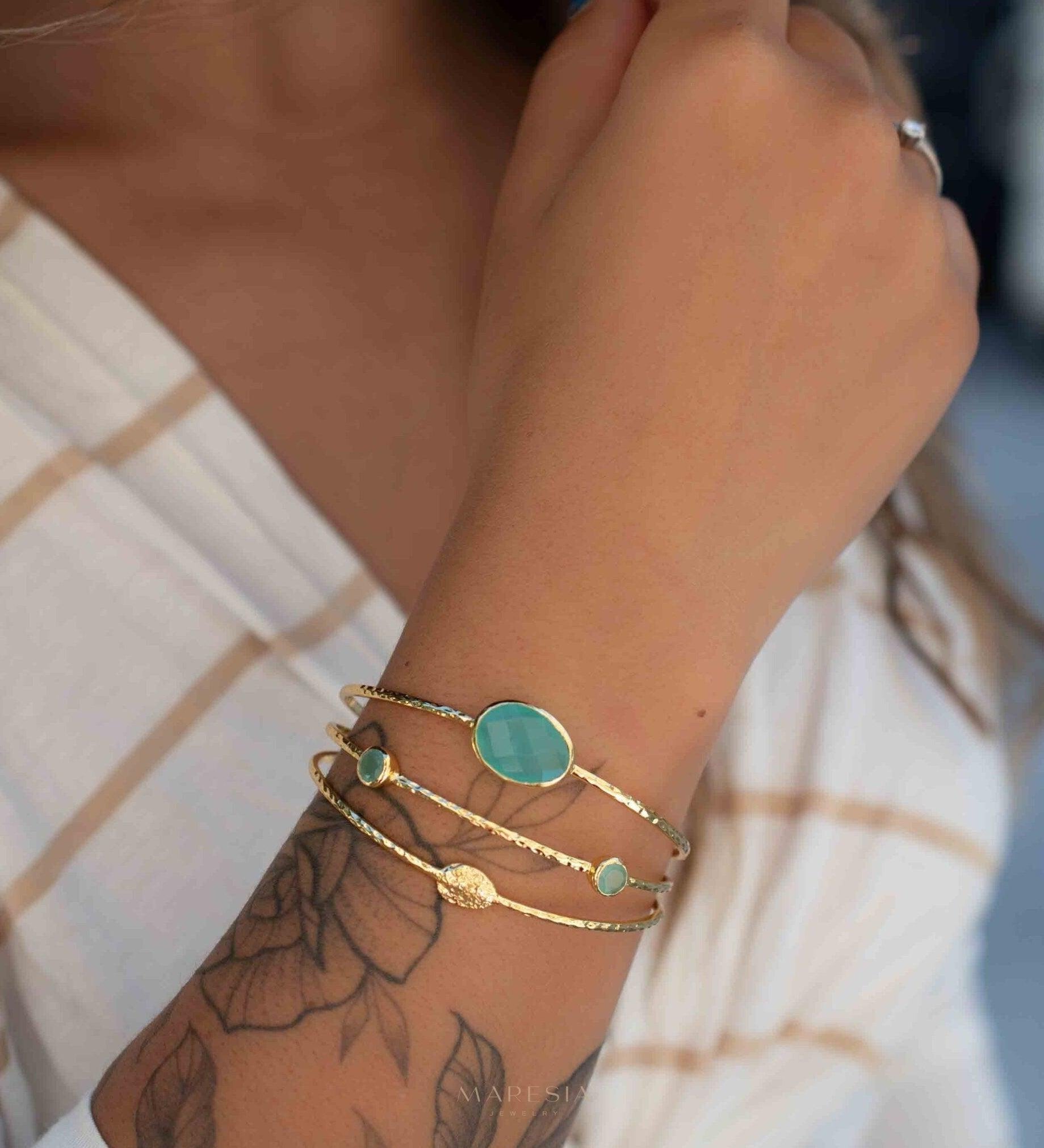 Aqua Chalcedony Adjustable Bracelet ~ Gold Plated 18k ~ Handmade ~Statement Hippie ~Bohemian ~Jewelry ~Gift For Her ~Gemstone ~Body MB055