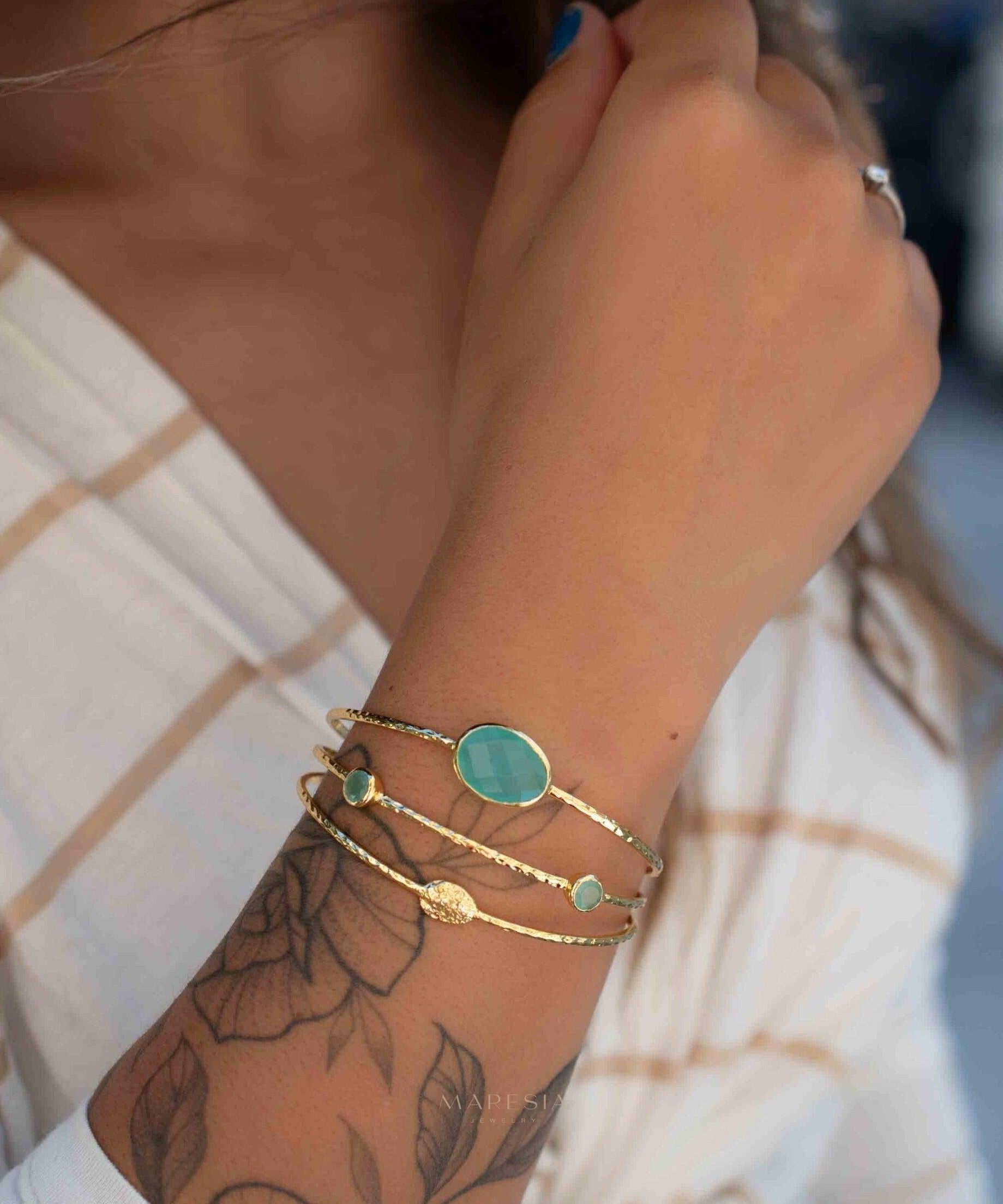 Aqua Chalcedony Adjustable Bracelet ~ Gold Plated 18k ~ Handmade ~Statement Hippie ~Bohemian ~Jewelry ~Gift For Her ~Gemstone ~Body MB055