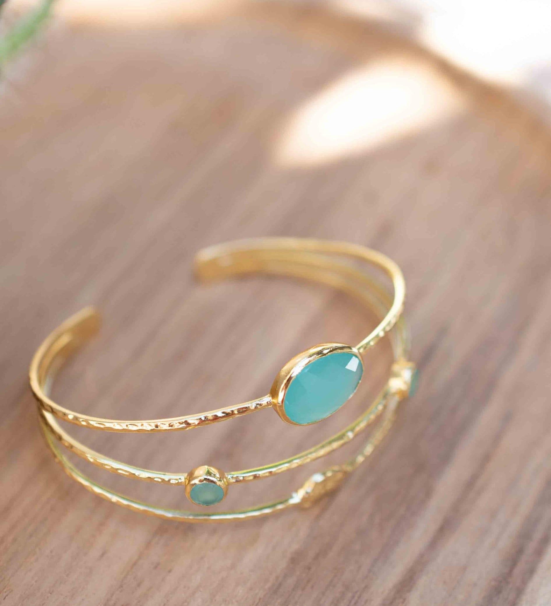 Aqua Chalcedony Adjustable Bracelet ~ Gold Plated 18k ~ Handmade ~Statement Hippie ~Bohemian ~Jewelry ~Gift For Her ~Gemstone ~Body MB055