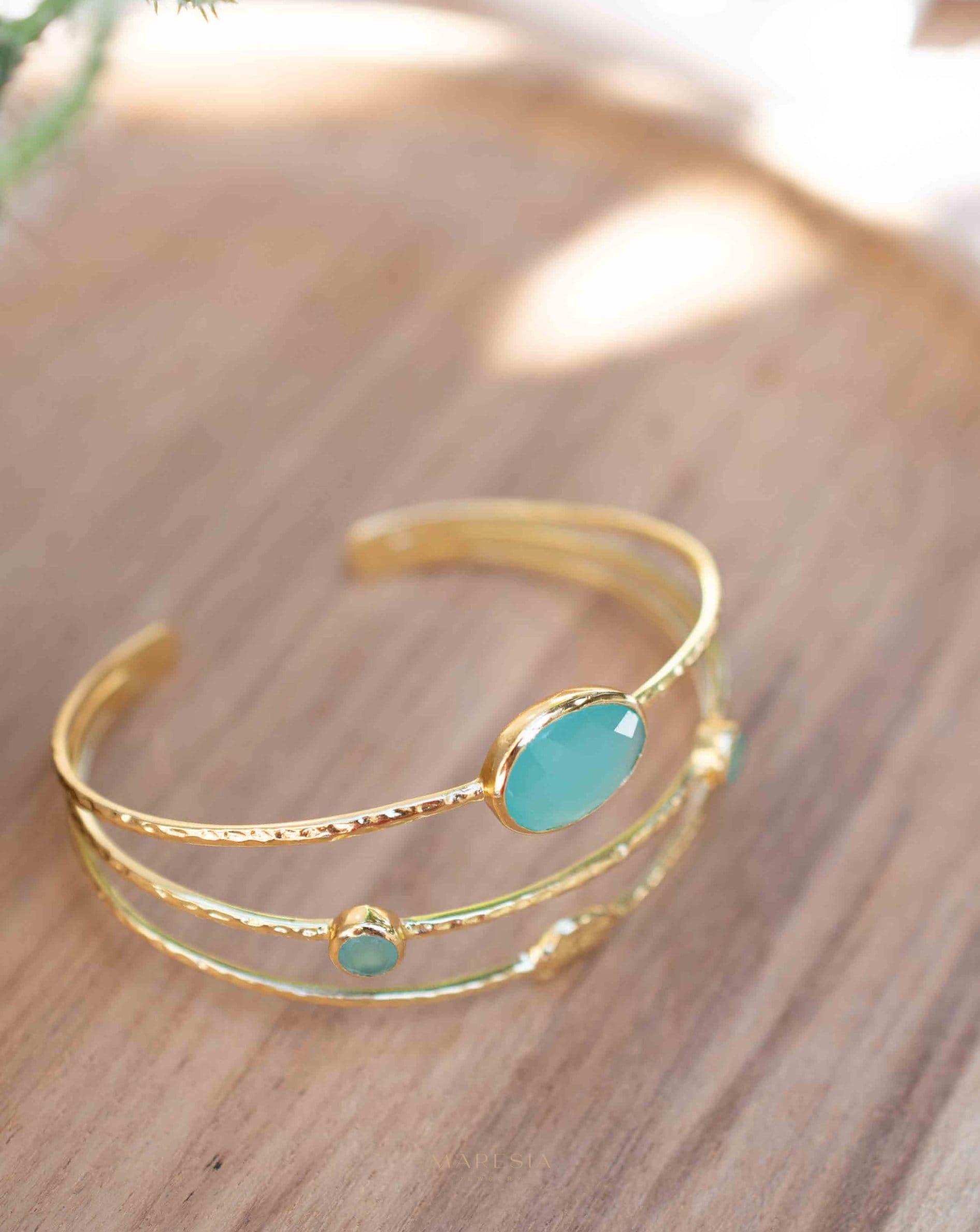 Aqua Chalcedony Adjustable Bracelet ~ Gold Plated 18k ~ Handmade ~Statement Hippie ~Bohemian ~Jewelry ~Gift For Her ~Gemstone ~Body MB055