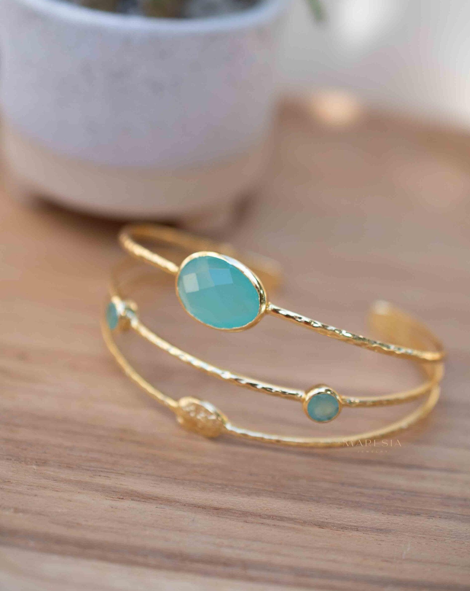 Aqua Chalcedony Adjustable Bracelet ~ Gold Plated 18k ~ Handmade ~Statement Hippie ~Bohemian ~Jewelry ~Gift For Her ~Gemstone ~Body MB055