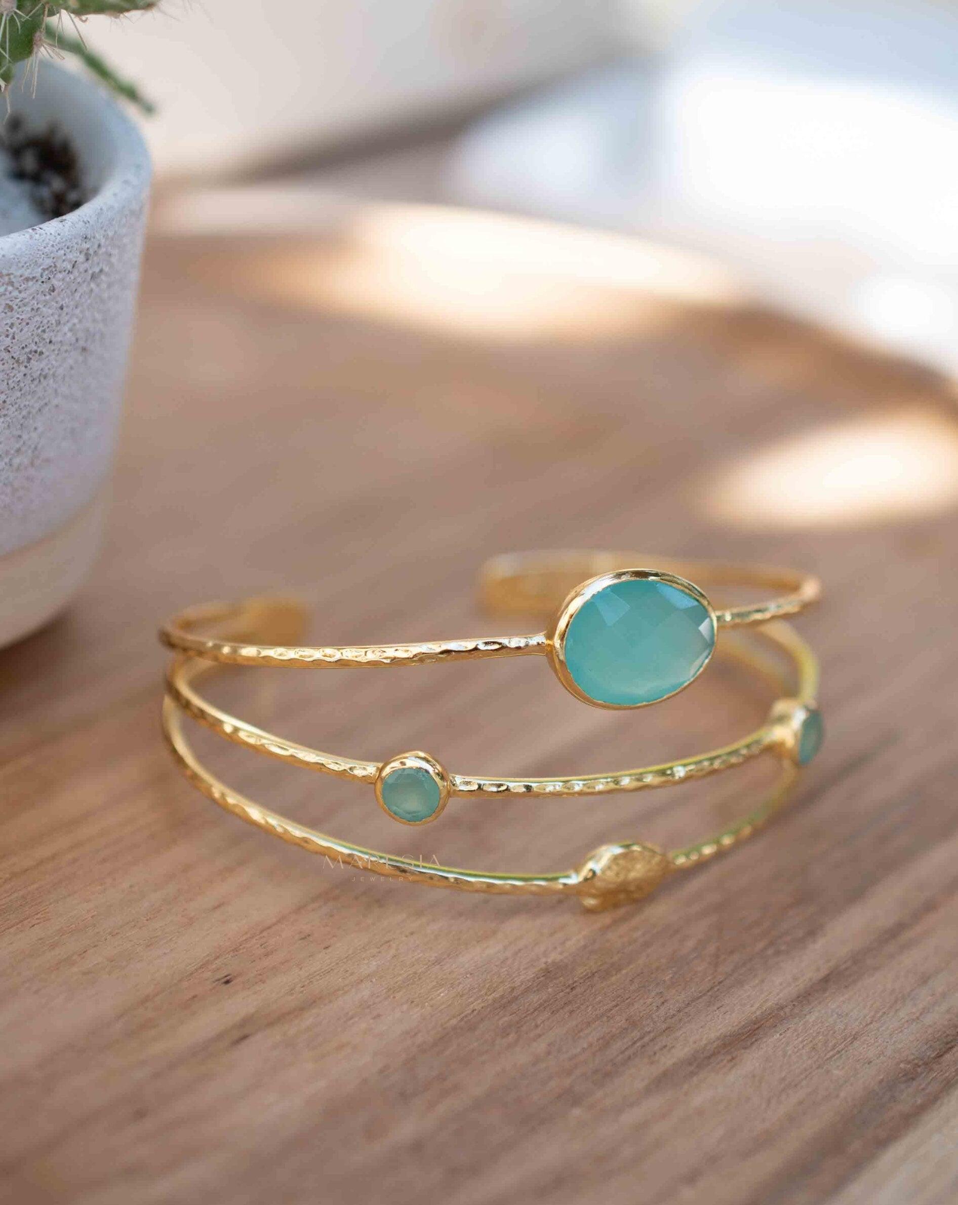 Aqua Chalcedony Adjustable Bracelet ~ Gold Plated 18k ~ Handmade ~Statement Hippie ~Bohemian ~Jewelry ~Gift For Her ~Gemstone ~Body MB055