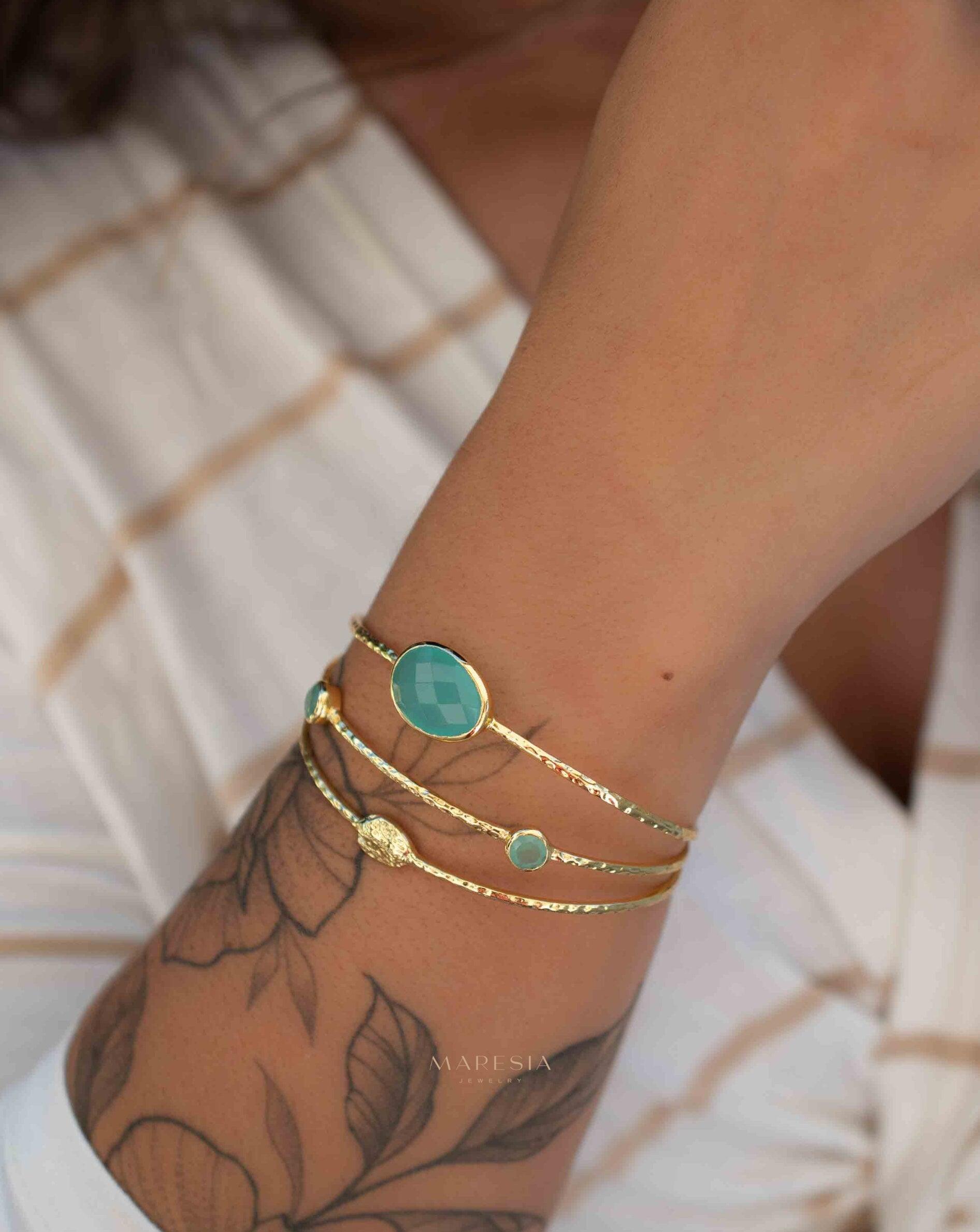Aqua Chalcedony Adjustable Bracelet ~ Gold Plated 18k ~ Handmade ~Statement Hippie ~Bohemian ~Jewelry ~Gift For Her ~Gemstone ~Body MB055