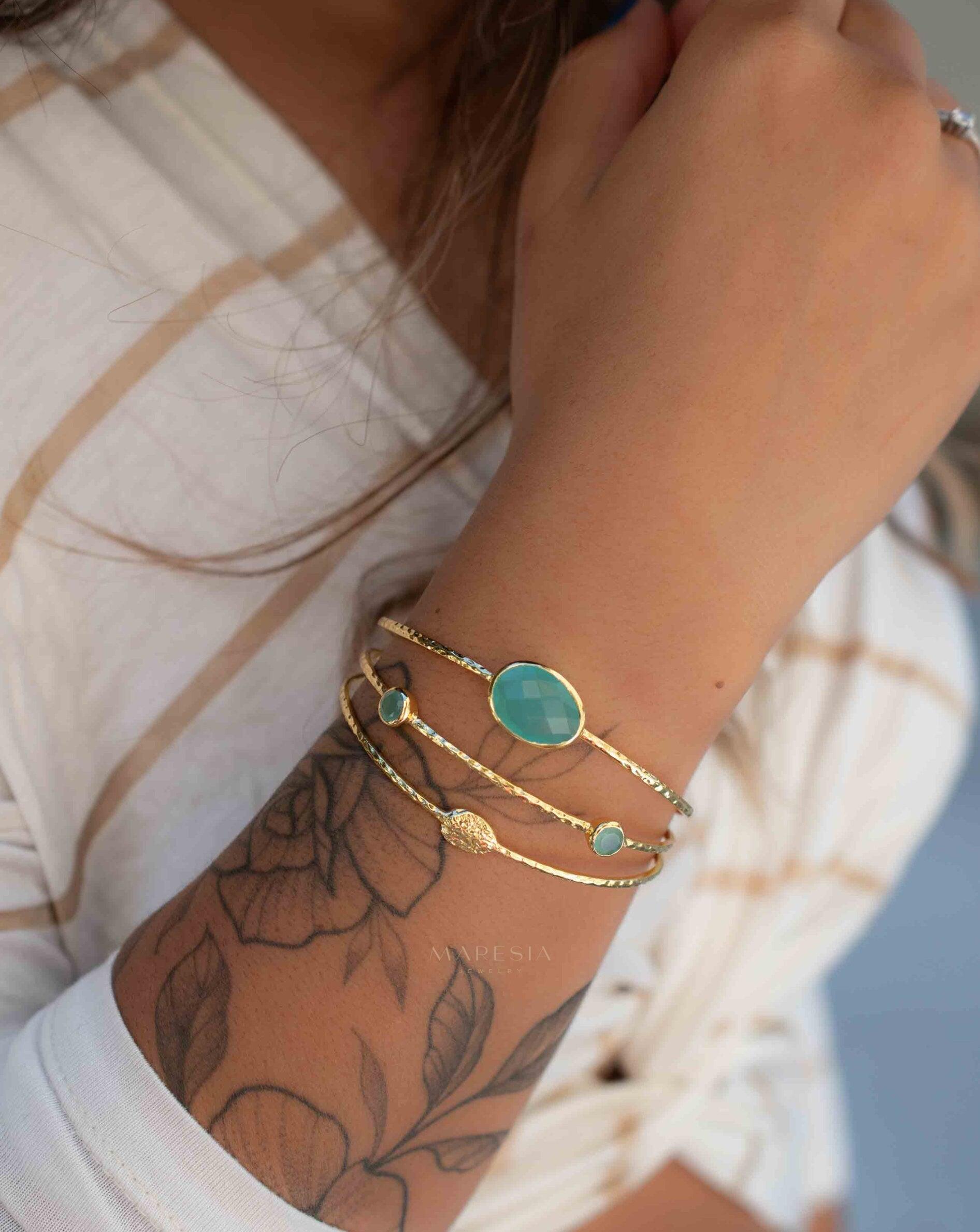 Aqua Chalcedony Adjustable Bracelet ~ Gold Plated 18k ~ Handmade ~Statement Hippie ~Bohemian ~Jewelry ~Gift For Her ~Gemstone ~Body MB055