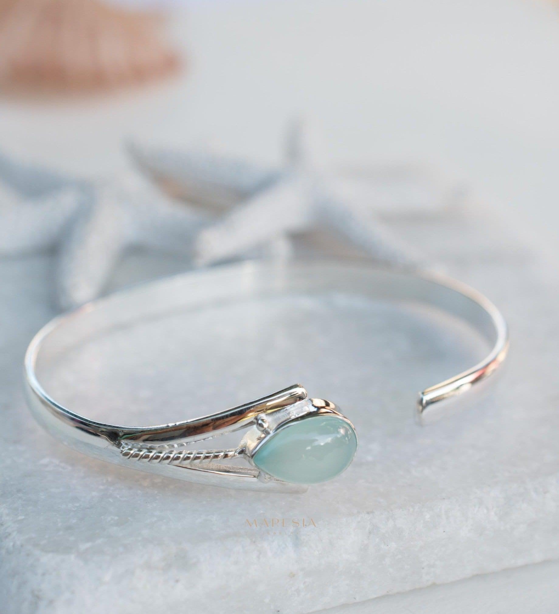 Aqua Chalcedony Adjustable Bracelet ~ Sterling Silver 925 ~ Handmade ~ Statement ~Jewelry~ Minimalist ~ Genuine Stone ~ MB059