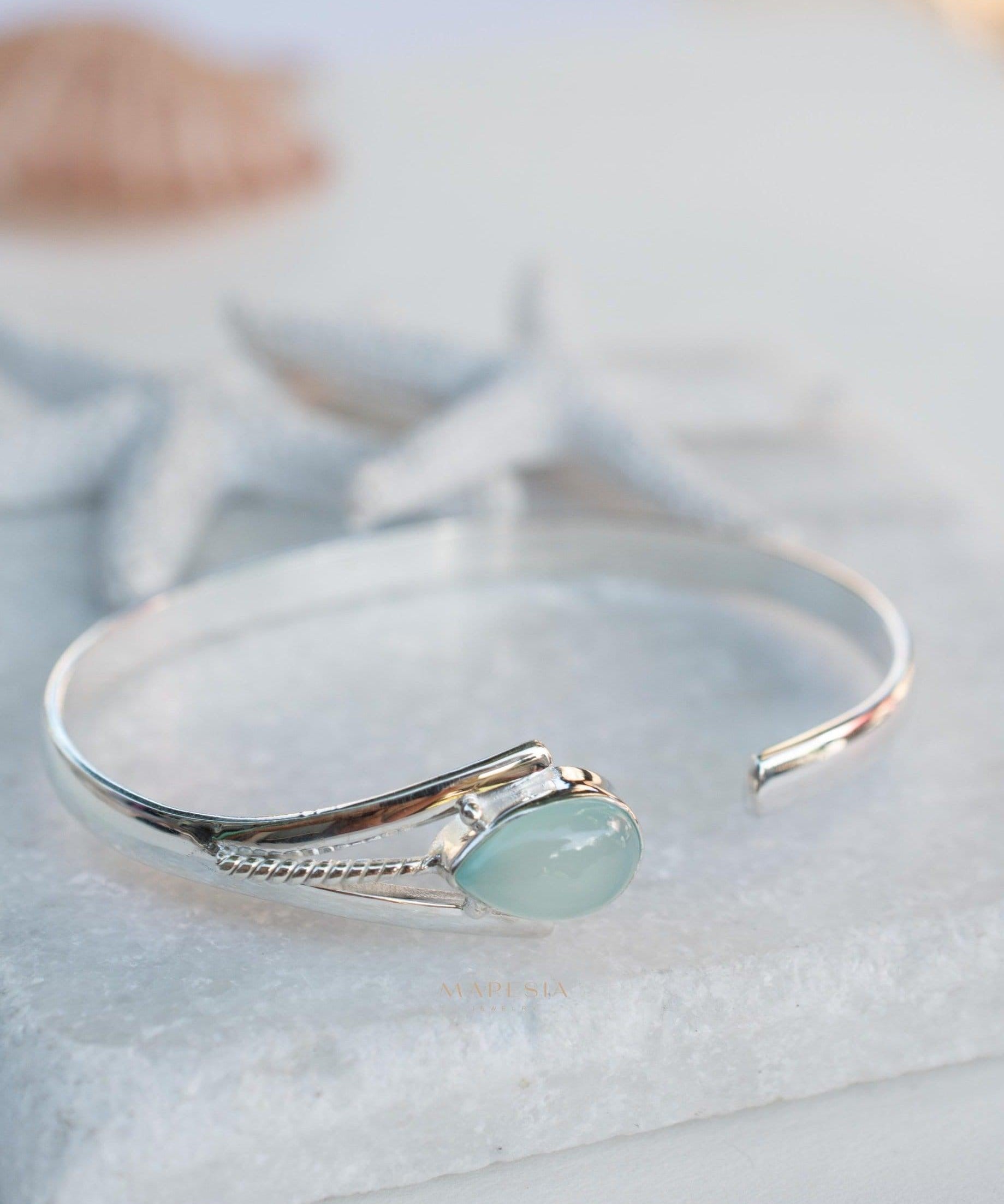 Aqua Chalcedony Adjustable Bracelet ~ Sterling Silver 925 ~ Handmade ~ Statement ~Jewelry~ Minimalist ~ Genuine Stone ~ MB059