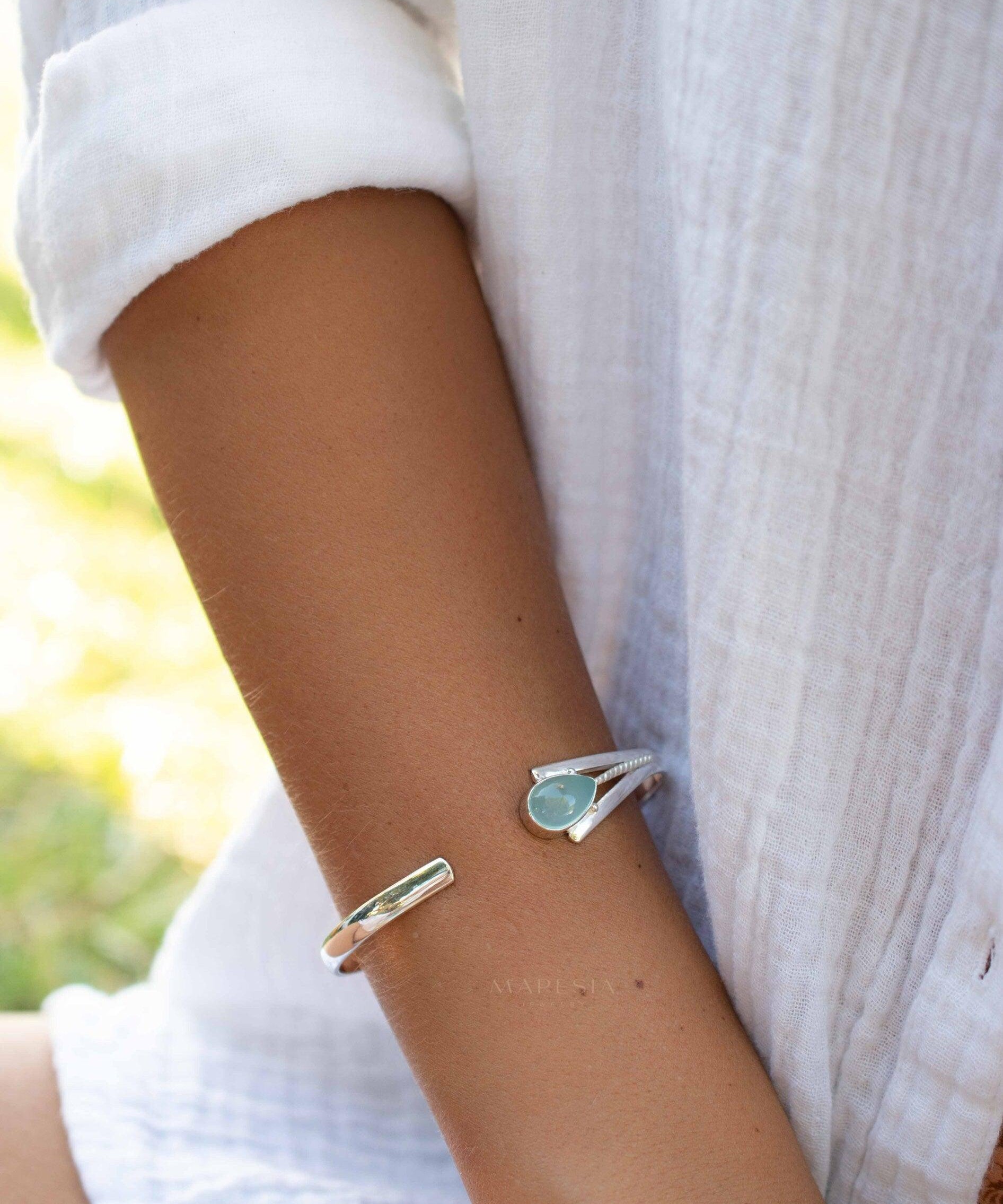 Aqua Chalcedony Adjustable Bracelet ~ Sterling Silver 925 ~ Handmade ~ Statement ~Jewelry~ Minimalist ~ Genuine Stone ~ MB059