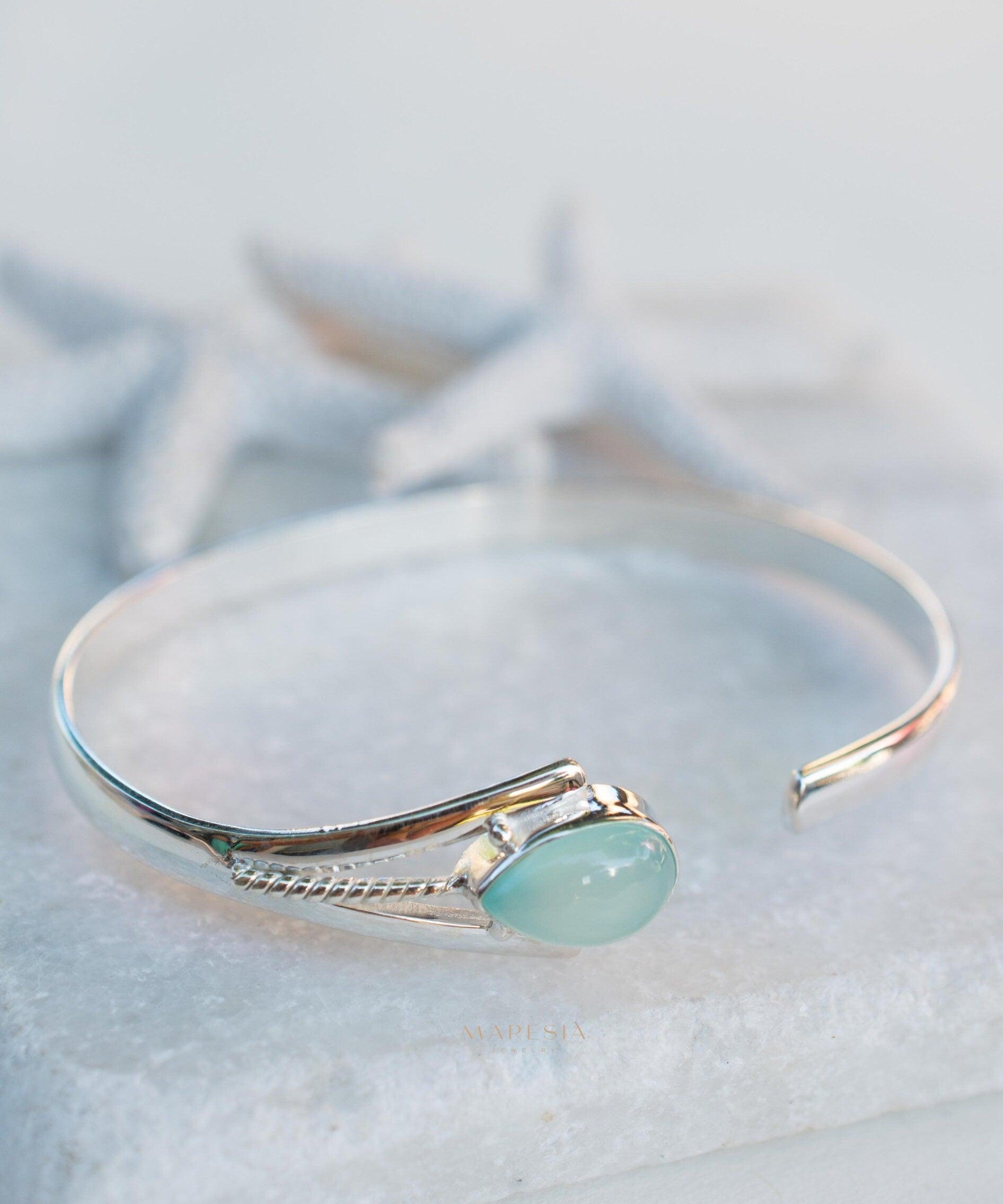 Aqua Chalcedony Adjustable Bracelet ~ Sterling Silver 925 ~ Handmade ~ Statement ~Jewelry~ Minimalist ~ Genuine Stone ~ MB059