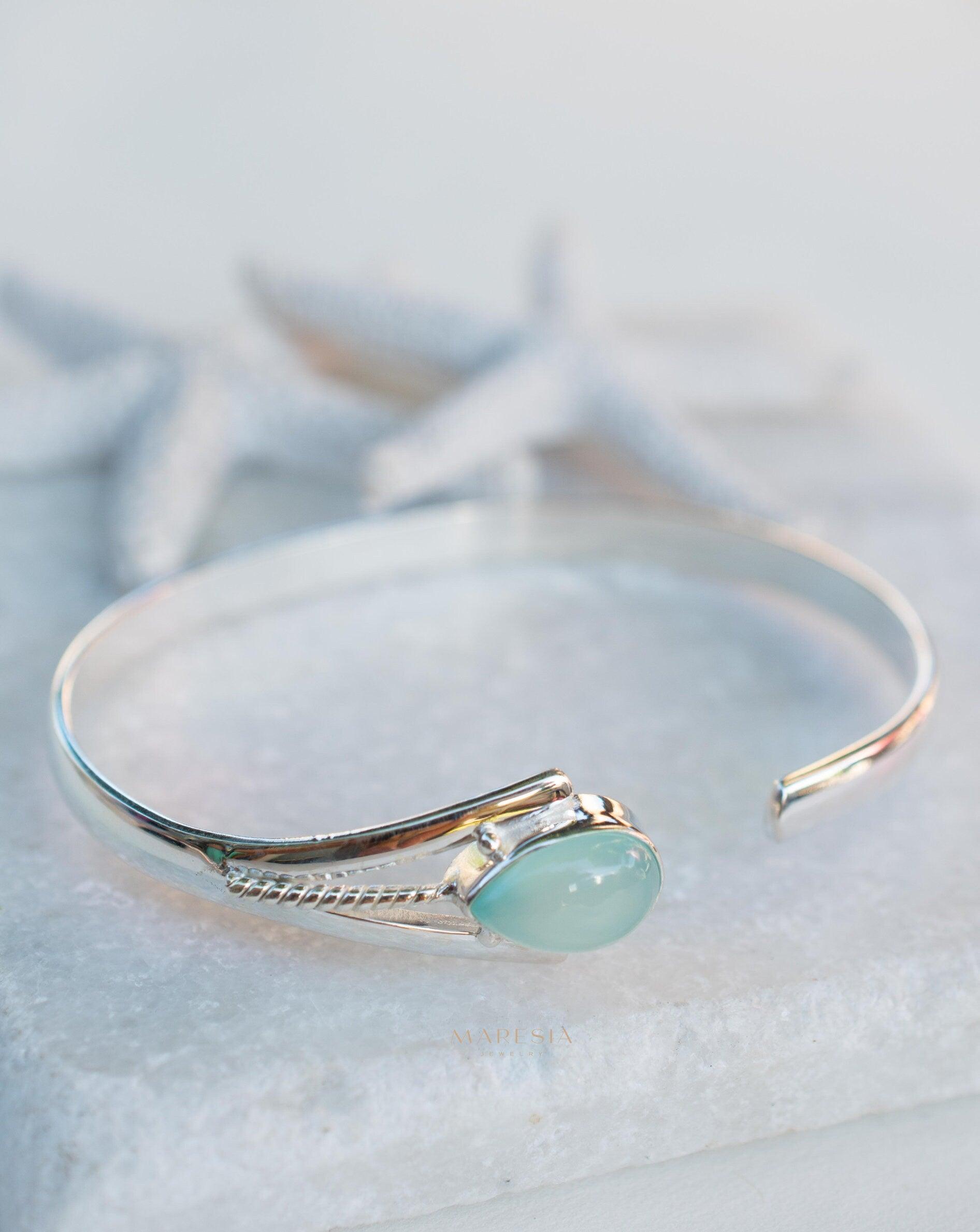 Aqua Chalcedony Adjustable Bracelet ~ Sterling Silver 925 ~ Handmade ~ Statement ~Jewelry~ Minimalist ~ Genuine Stone ~ MB059