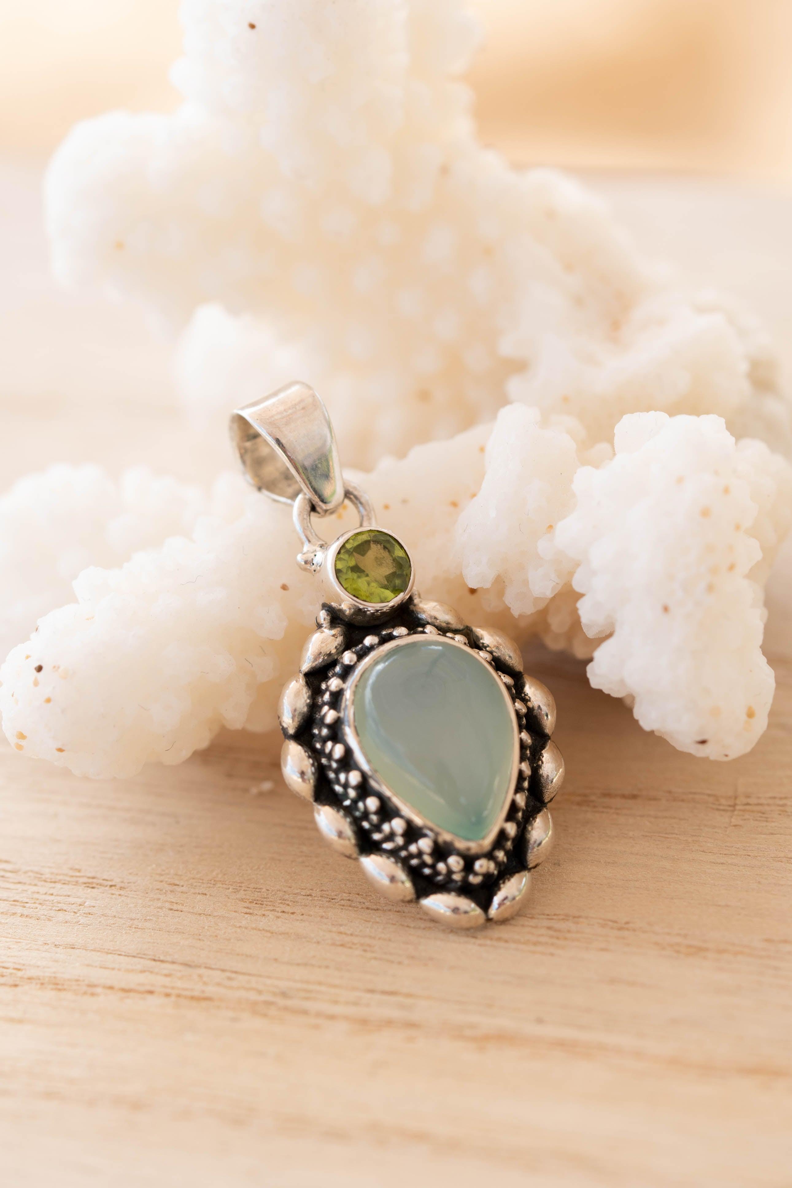 Aqua Chalcedony & Peridot Pendant ~ Sterling Silver 925 ~ SMP039 - Maresia Jewelry