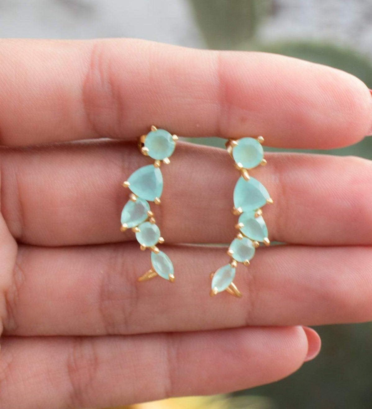 Aqua Chalcedony Ear Climber Earrings ~ 18k Gold Plated ~ ME143 - Maresia Jewelry
