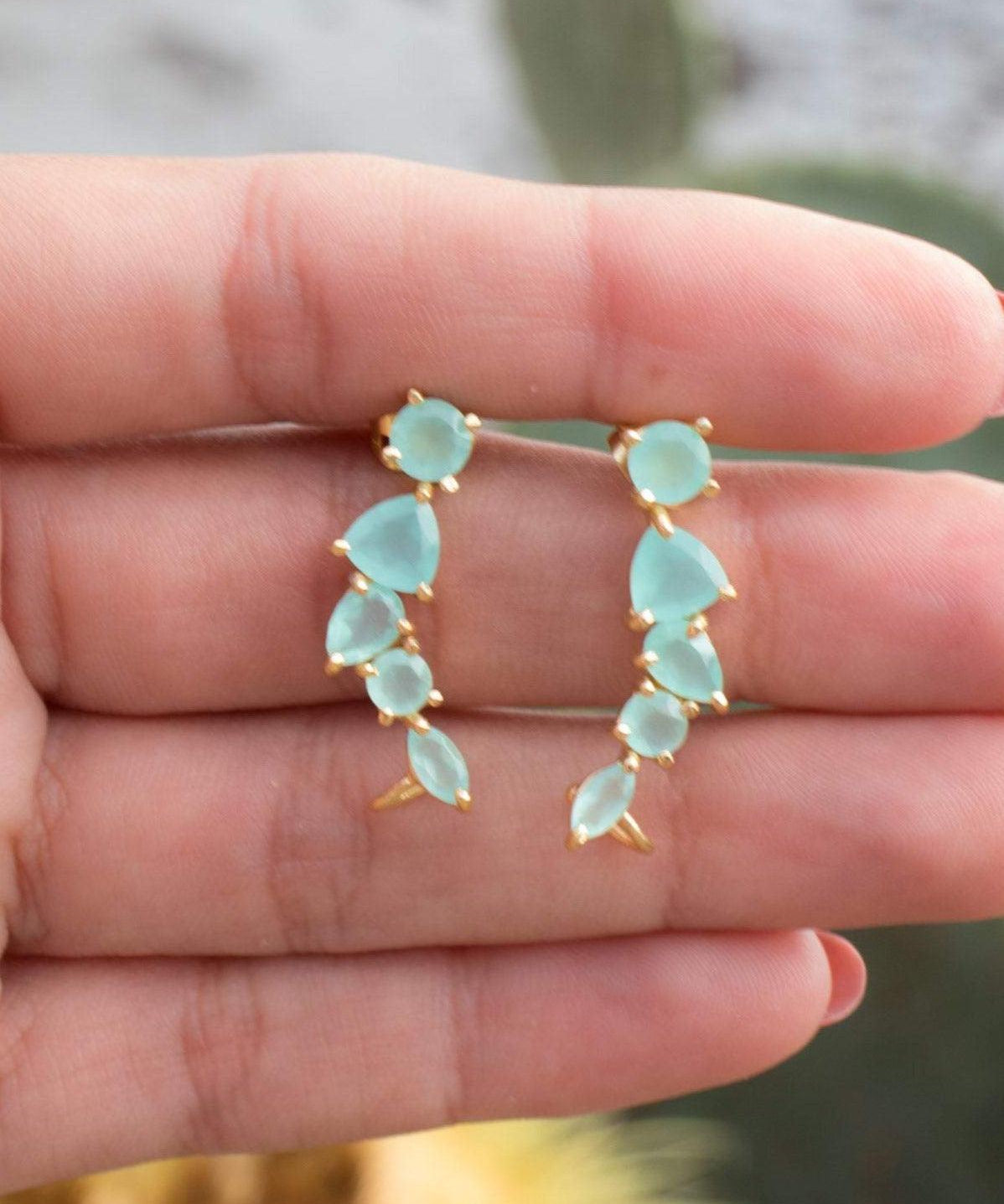 Aqua Chalcedony Ear Climber Earrings ~ 18k Gold Plated ~ ME143 - Maresia Jewelry