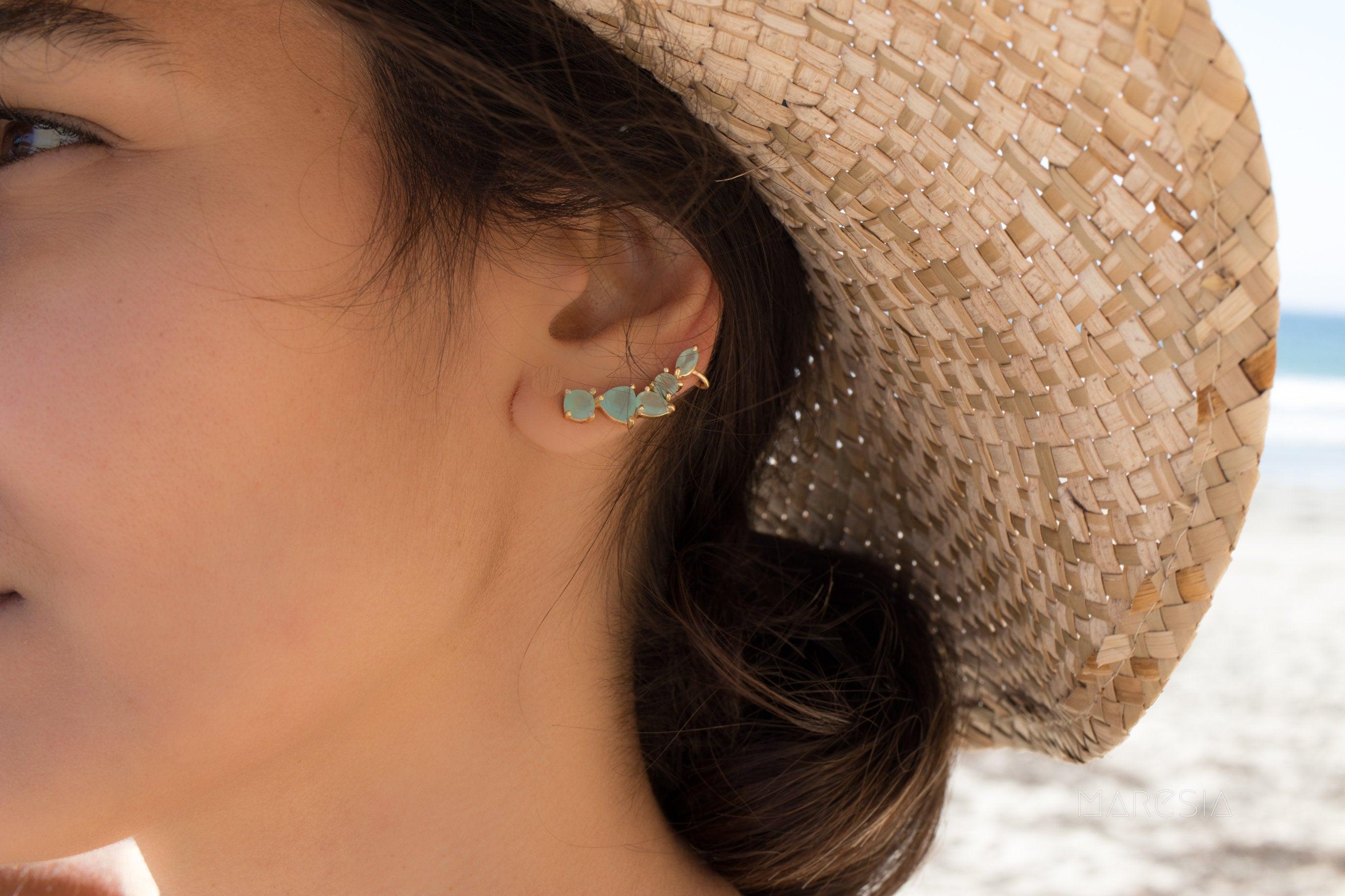 Aqua Chalcedony Ear Climber Earrings ~ 18k Gold Plated ~ ME143 - Maresia Jewelry