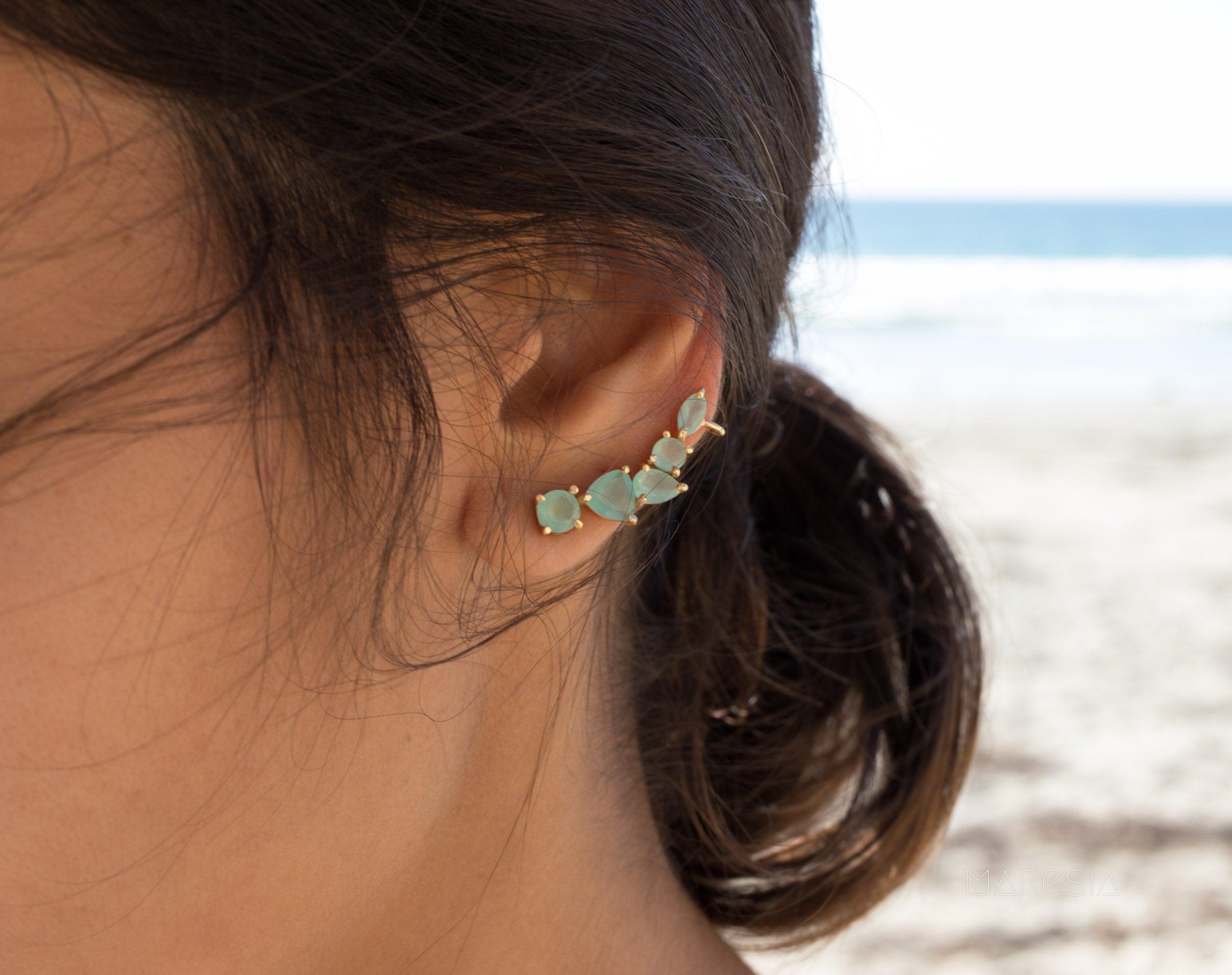 Aqua Chalcedony Ear Climber Earrings ~ 18k Gold Plated ~ ME143 - Maresia Jewelry