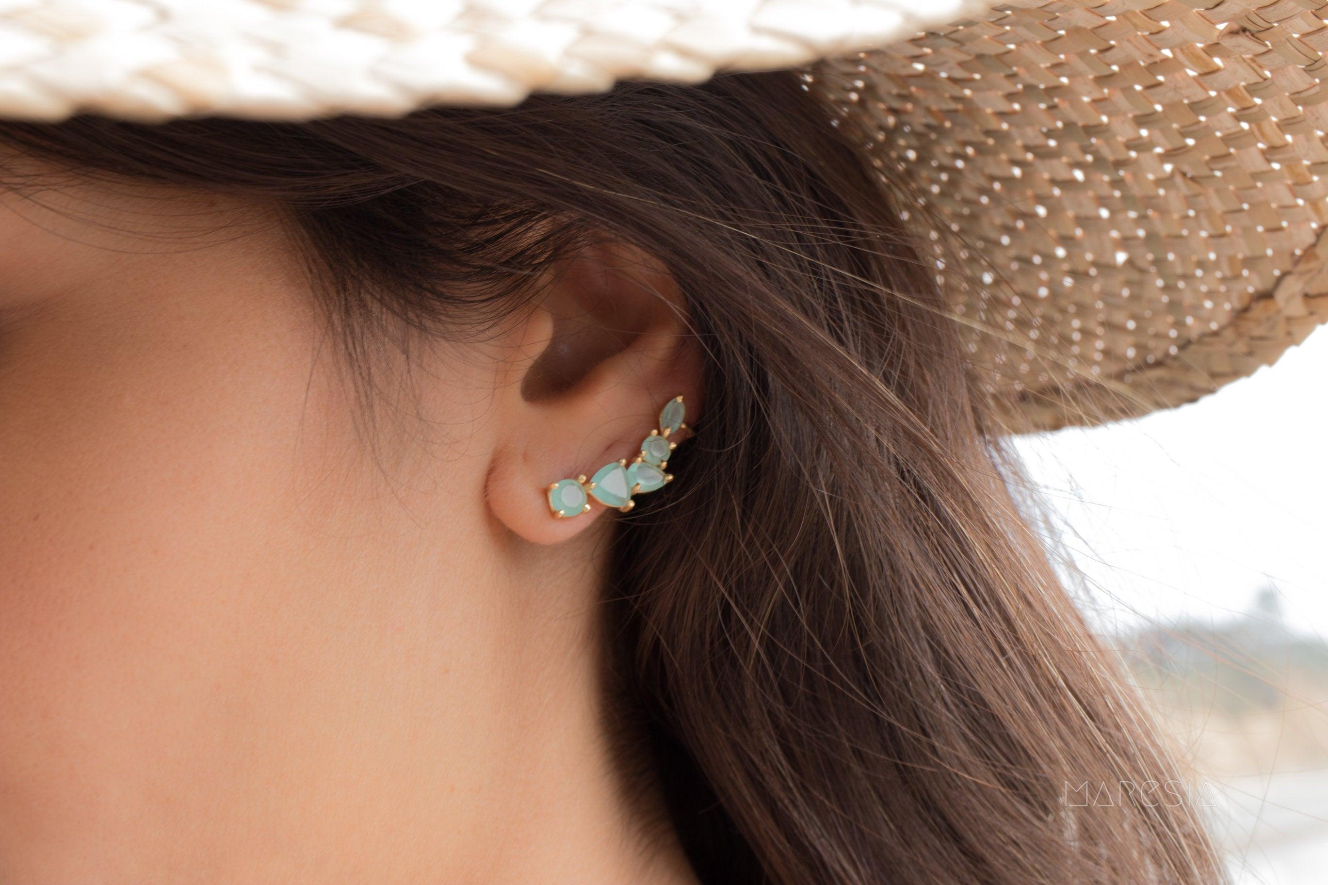 Aqua Chalcedony Ear Climber Earrings ~ 18k Gold Plated ~ ME143 - Maresia Jewelry